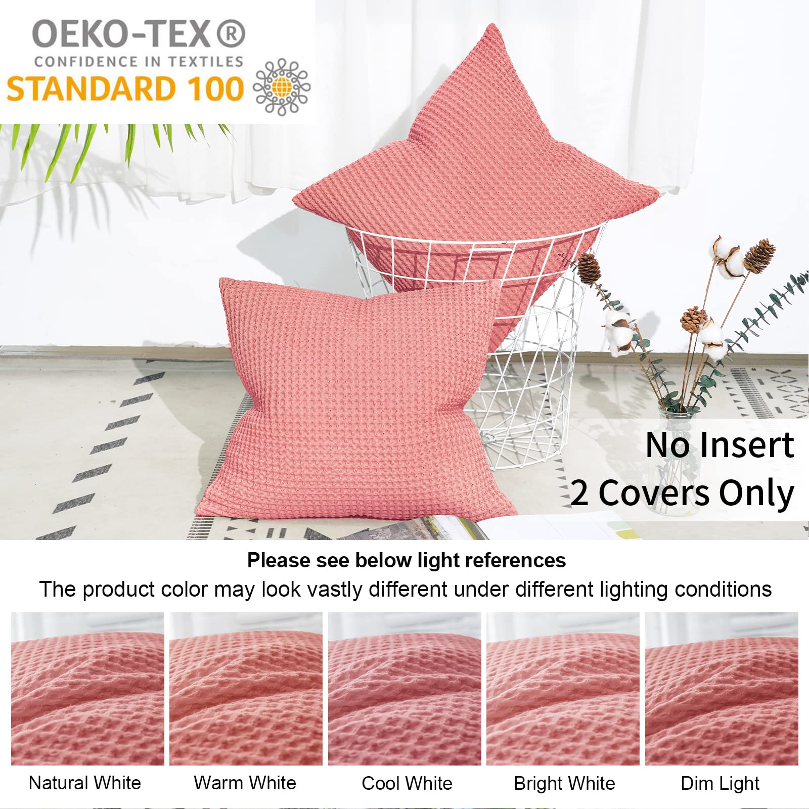 Phf 100% Cotton Waffle Weave Euro Shams Pillow Covers 26' X 26', No Insert, 2 Pack Elegant Home Decorative Euro Throw Pillow Covers For Bed Couch Sofa, Coral Pink