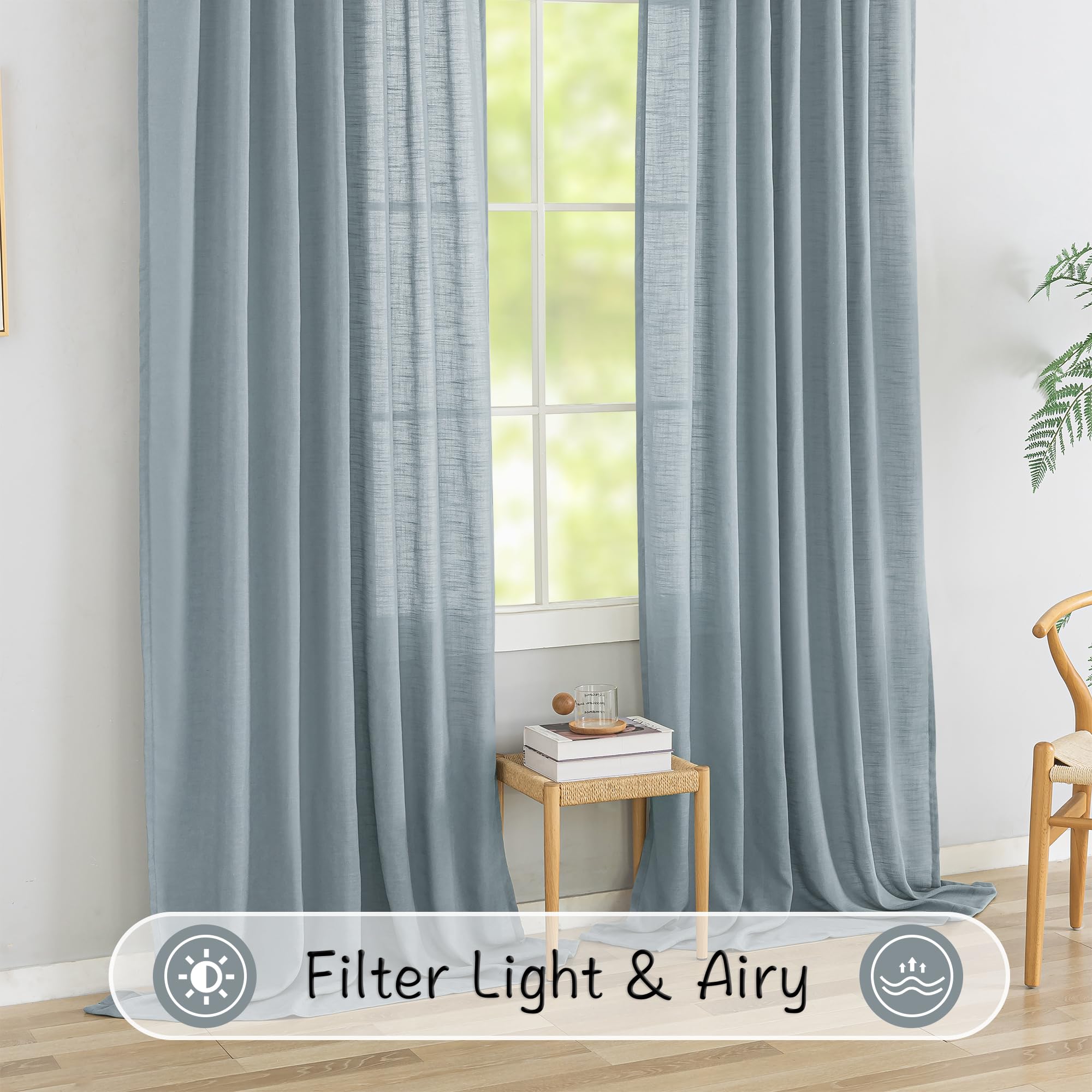 Stone Blue Linen Back Tab Curtains 102 Inches Long 2 Panels Set For High Windows,Rustic Hooks Belt Pinch Pleated Look Easy Sliding Curtains Pocket Light Filtering Semi Privacy Drapres 52 X 102 Inch