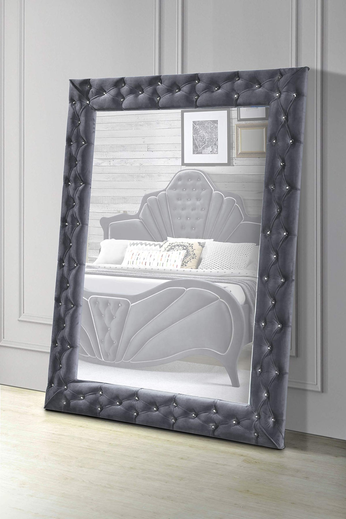 Acme Dante Contemporary Rectangular Accent Floor Mirror In Gray Velvet