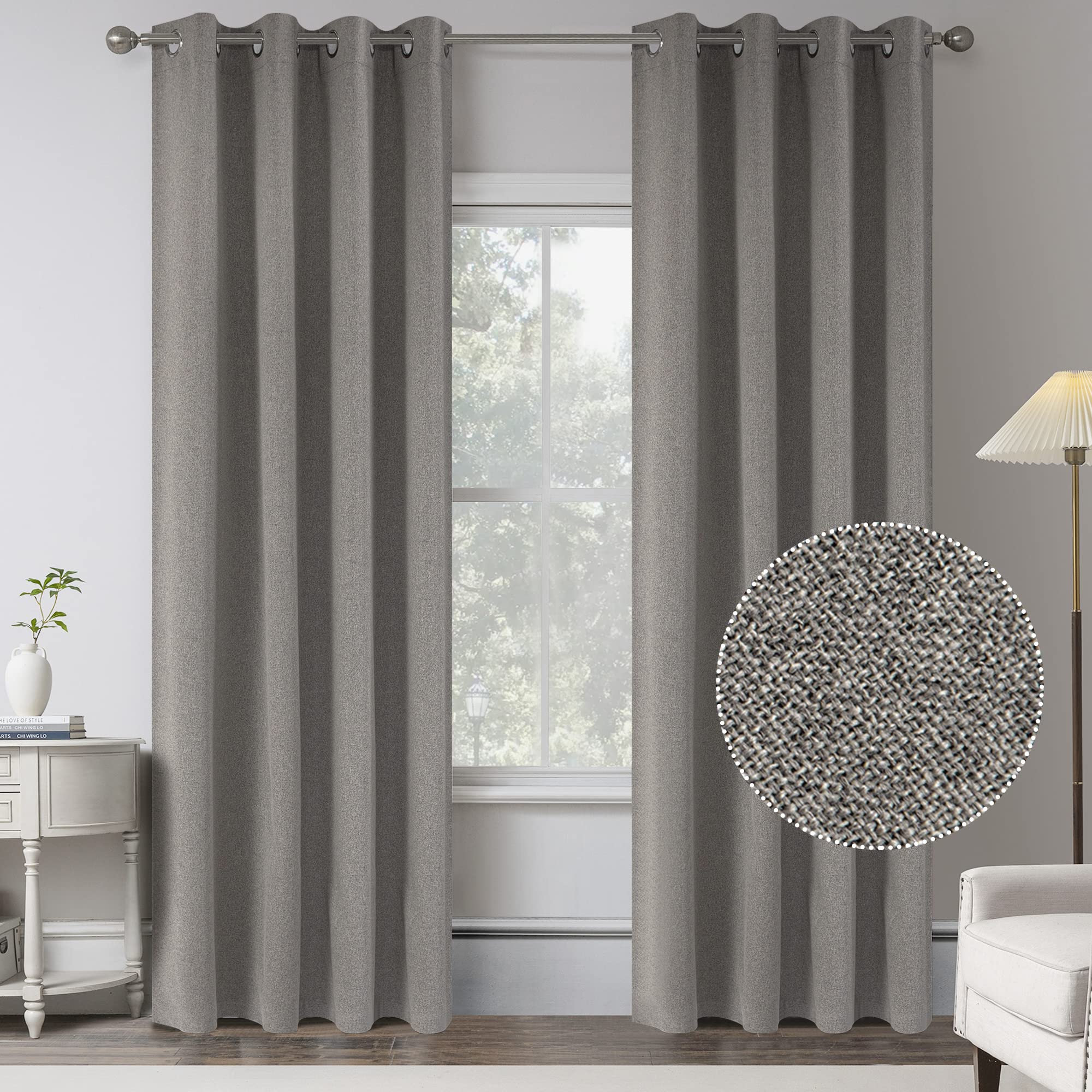 95 Inches Long Stone Grey 100 Blackout Linen Curtains For Bedroom -Room Darkening Energy Saving Thermal Insulated Window Treatme