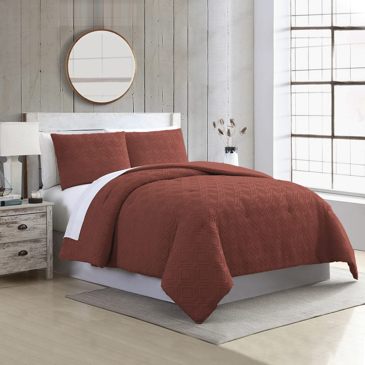 Modern Threads 3-Piece Emerson Clipped Jacquard Comforter Set Brick Red King