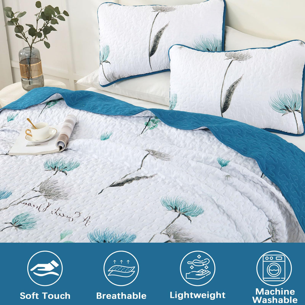 King Size Quilt Set Floral,3 Pieces Teal & White Quilts Coverlet Set Flower Bedspreads Bed Cover Lightweight Grey Quilt Boho Bed