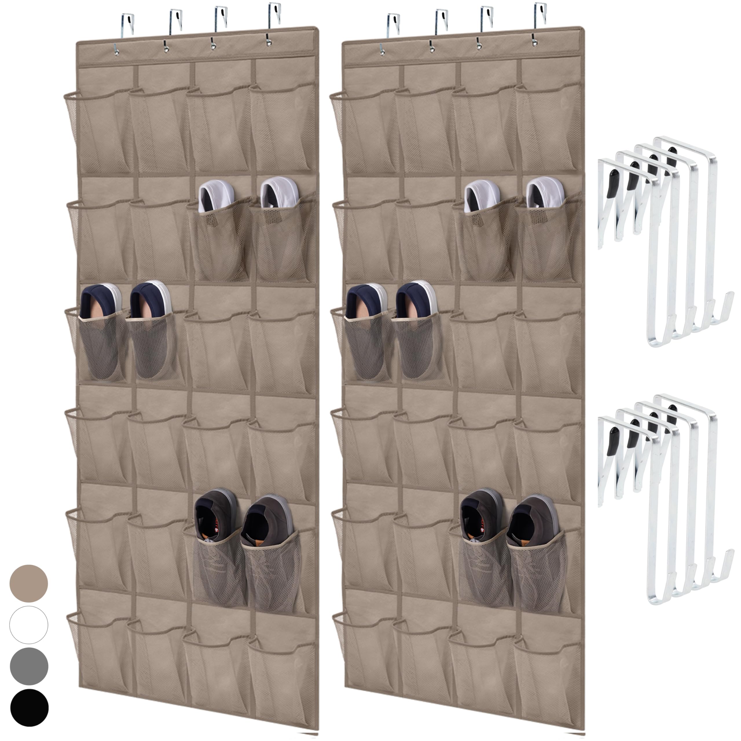 Home Genie Over The Door Hanging Shoe Organizer, 2 Pack, 24 Breathable Mesh Pockets, Closet Rack Storage Holder Stay In Place Hooks Hang On Closets, Hanger Holds Up To 40 Lbs, Shoes, Accessories Beige