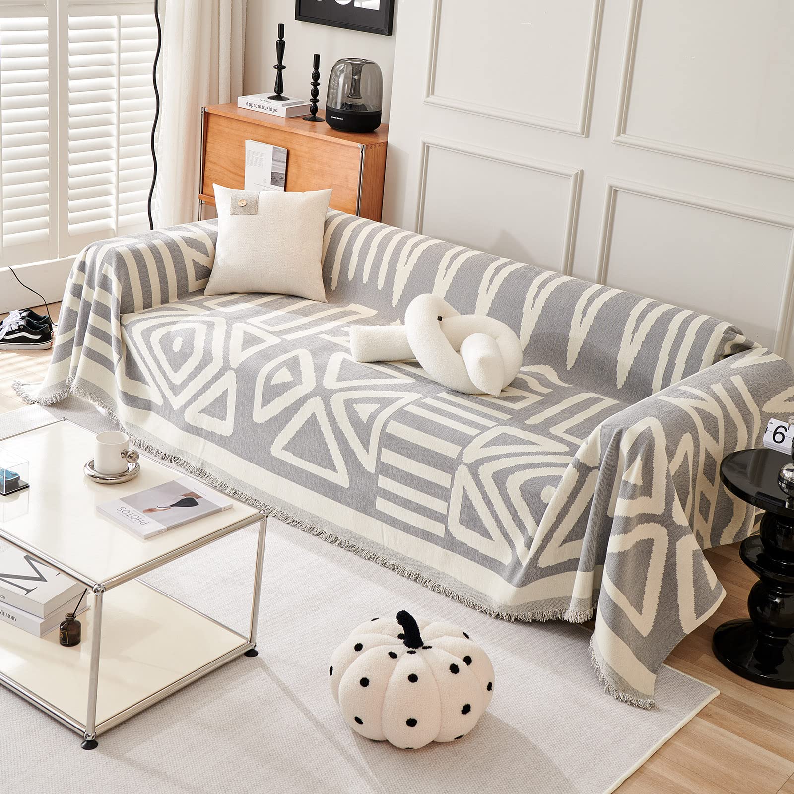 Handontime Grey Sofa Cushion Covers Boho Couch Sofa Covers Dog Couch Cover For Sofa Chenille Couch Sofa Slipcover For Pets Sofa Cover Thick Washable Sectional Slip Covers For Sofas/Couches, 91' X134'