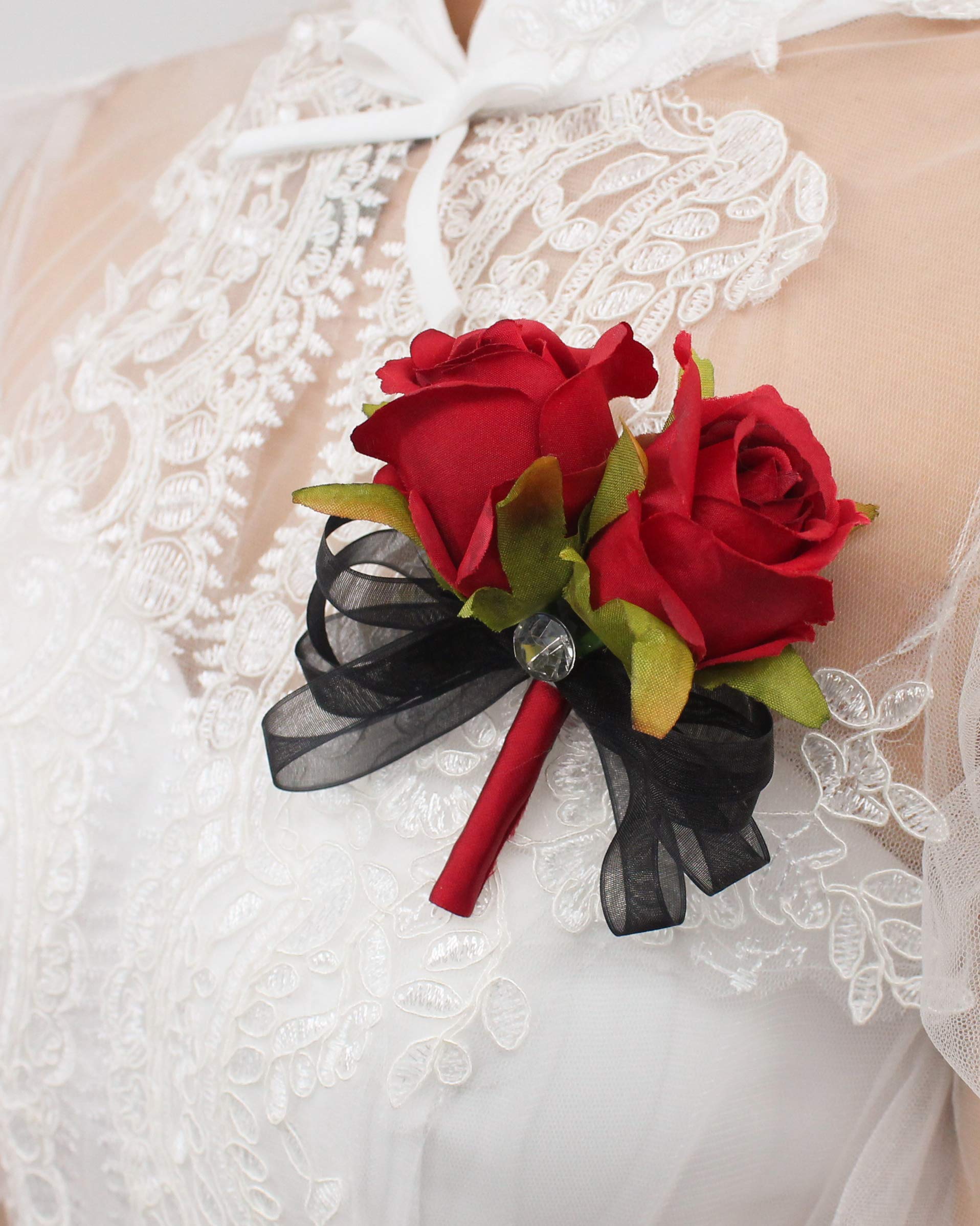 Abbie Home Prom Rose Corsage Boutonniere Set Real Touch Flowers For Party Ball Dancing Wedding With Lace Bow D  Cor (Red)