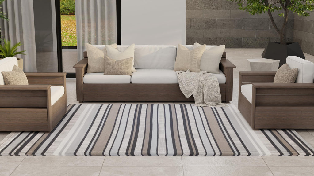 Mad Mats Geometric Outdoor Rug, Reversible Plastic Mat (5' X 8', Stripes - Cool Grey)
