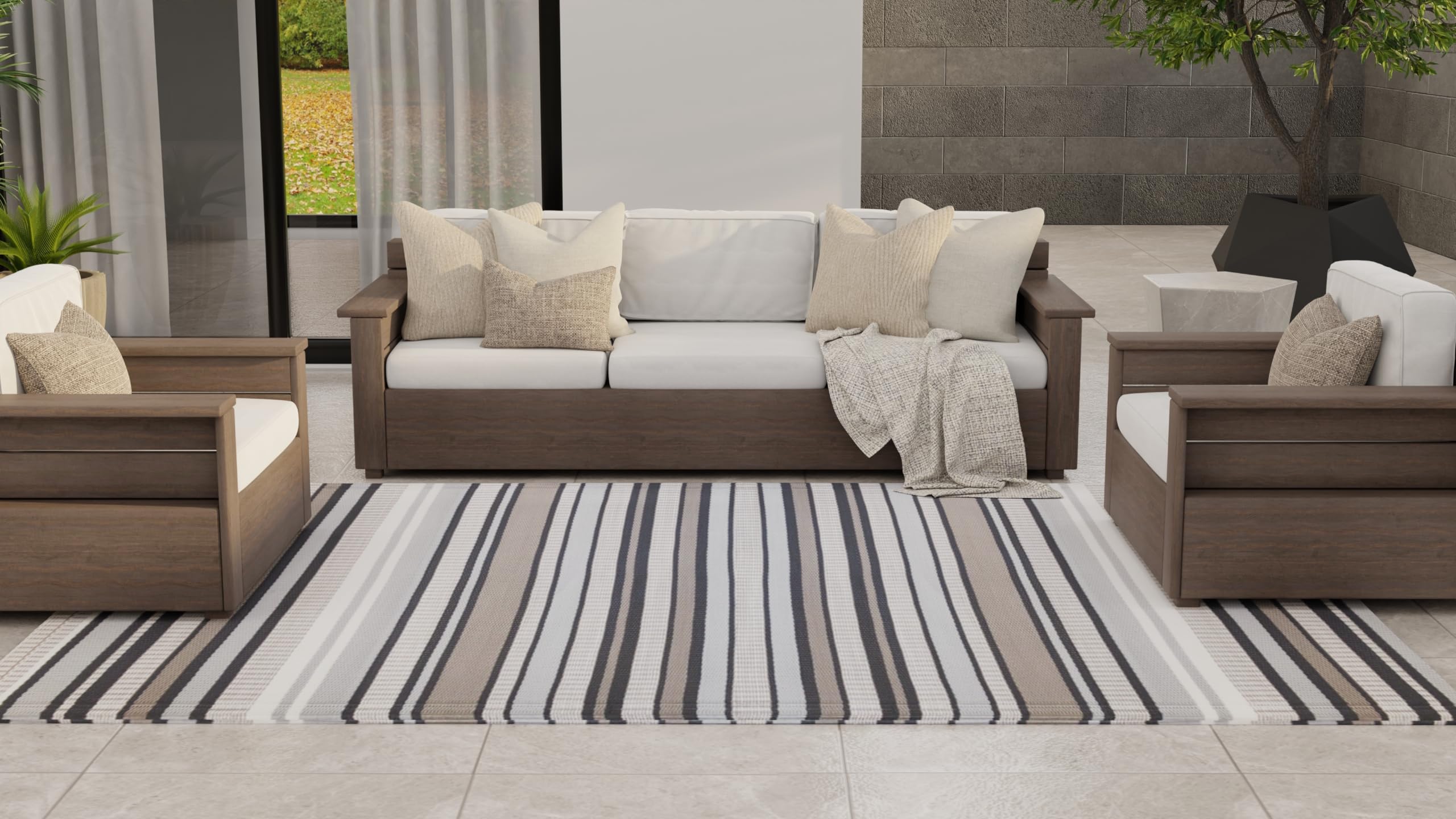 Mad Mats Geometric Outdoor Rug, Reversible Plastic Mat (5' X 8', Stripes - Cool Grey)