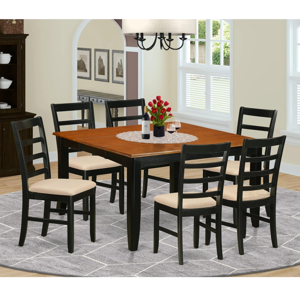 East West Furniture PARF7-BCH-C 7 Piece Modern Dining Table Set Consist of a Square Wooden Table with Butterfly Leaf and 6 Linen Fabric Kitchen Dining Chairs, 54x54 Inch, Black & Cherry