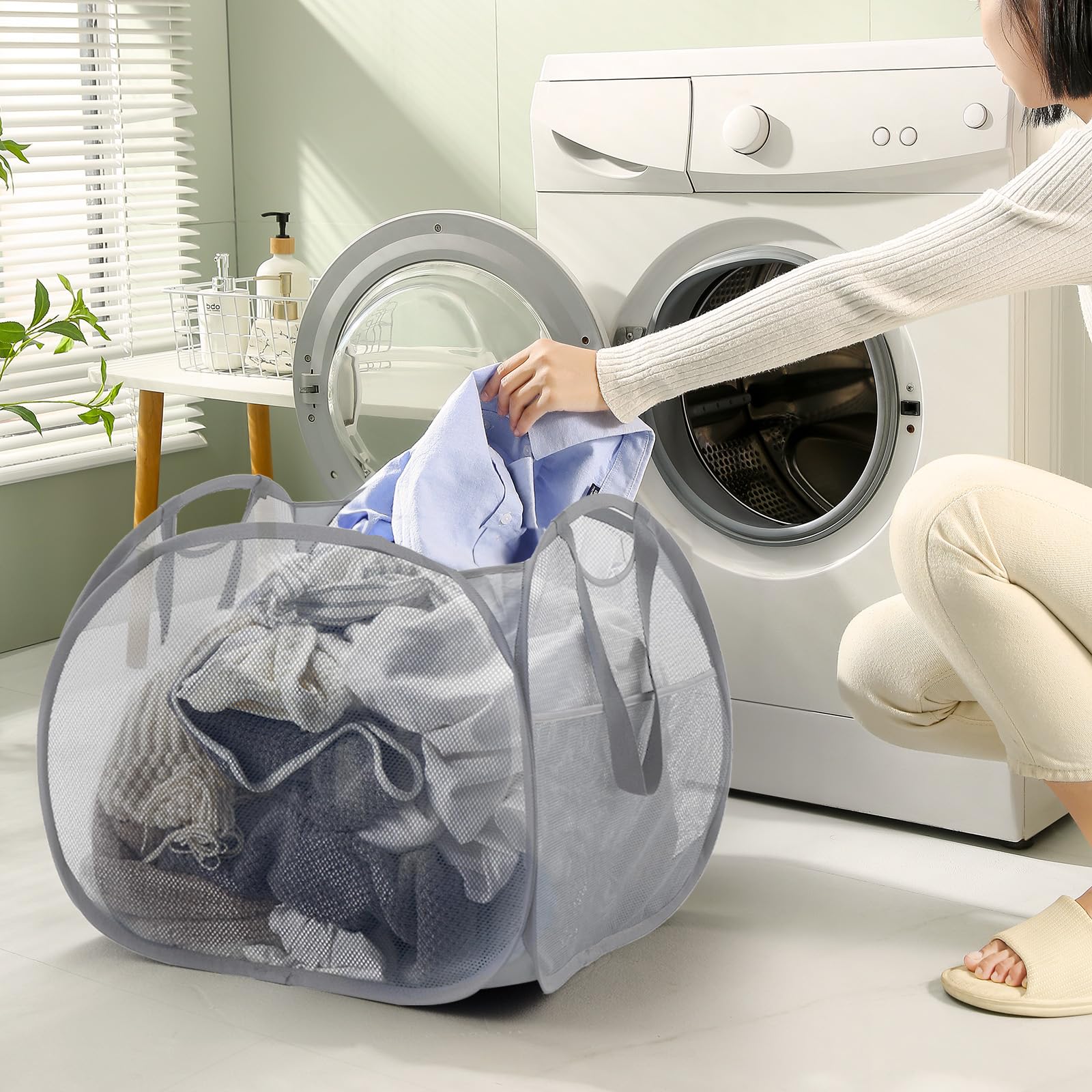 Techmilly Mesh Pop Up Foldable Laundry Hamper With Strong Handles, Large Opening Clothes Hamper With Side Pockets, Storage Baske