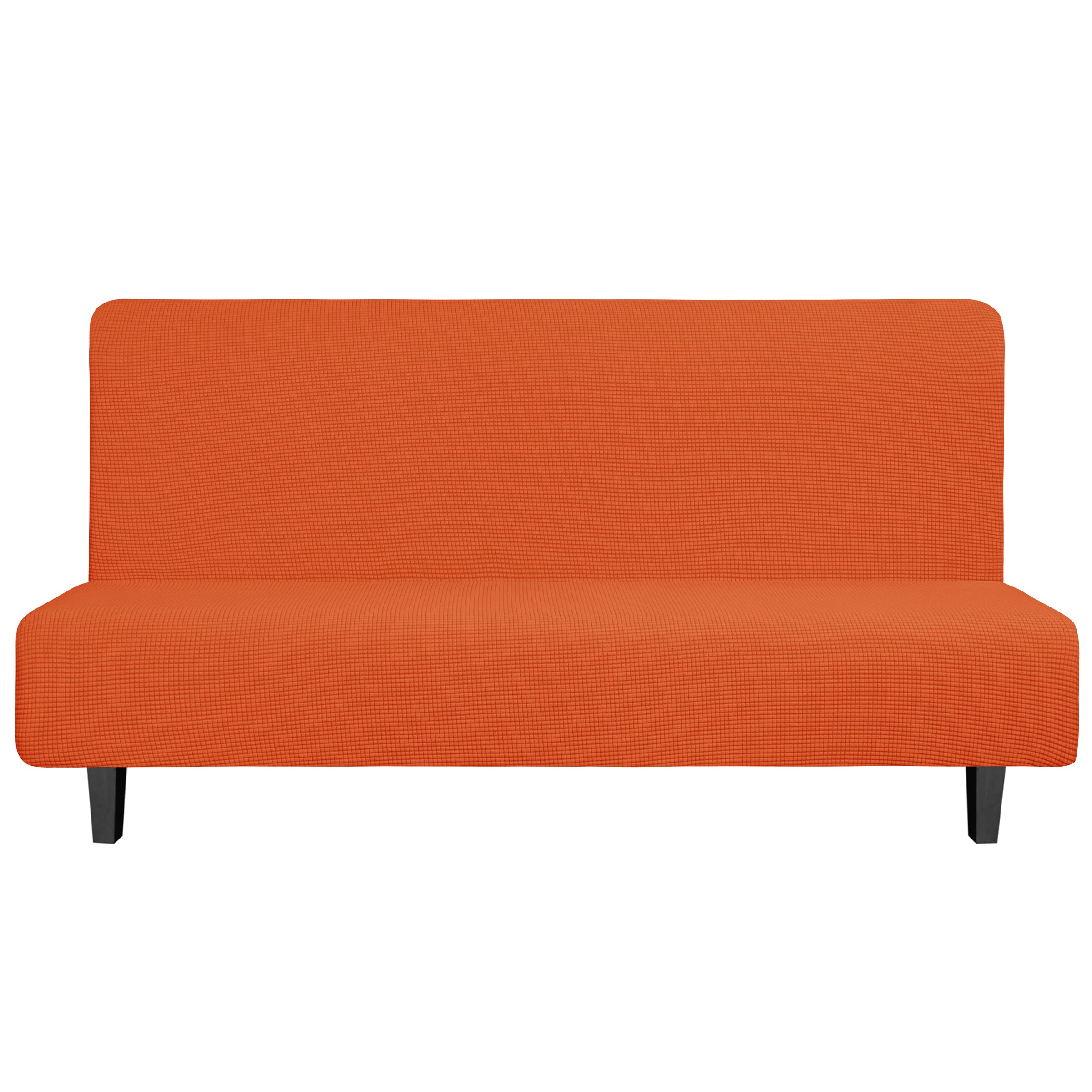 Easy-Going Stretch Futon Slipcover Armless Futon Bed Cover Furniture Protector Without Armrests With Elastic Bottom For Kids, Soft Jacquard Fabric Small Checks (Large, Orange)