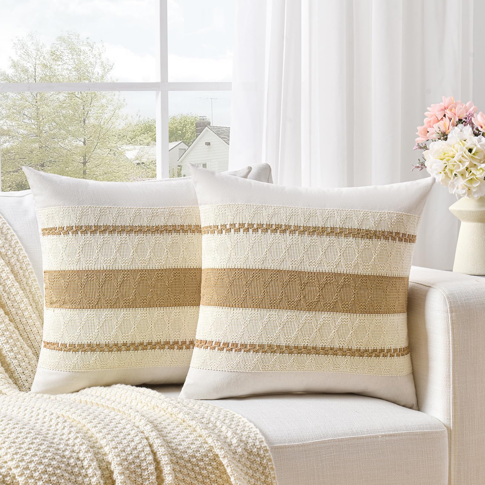 Fancy Homi Set Of 2 Tan Neutral Decorative Throw Pillow Cover 18X18 Inch For Couch Bed Sofa, Aesthetic Modern Organic Farmhouse