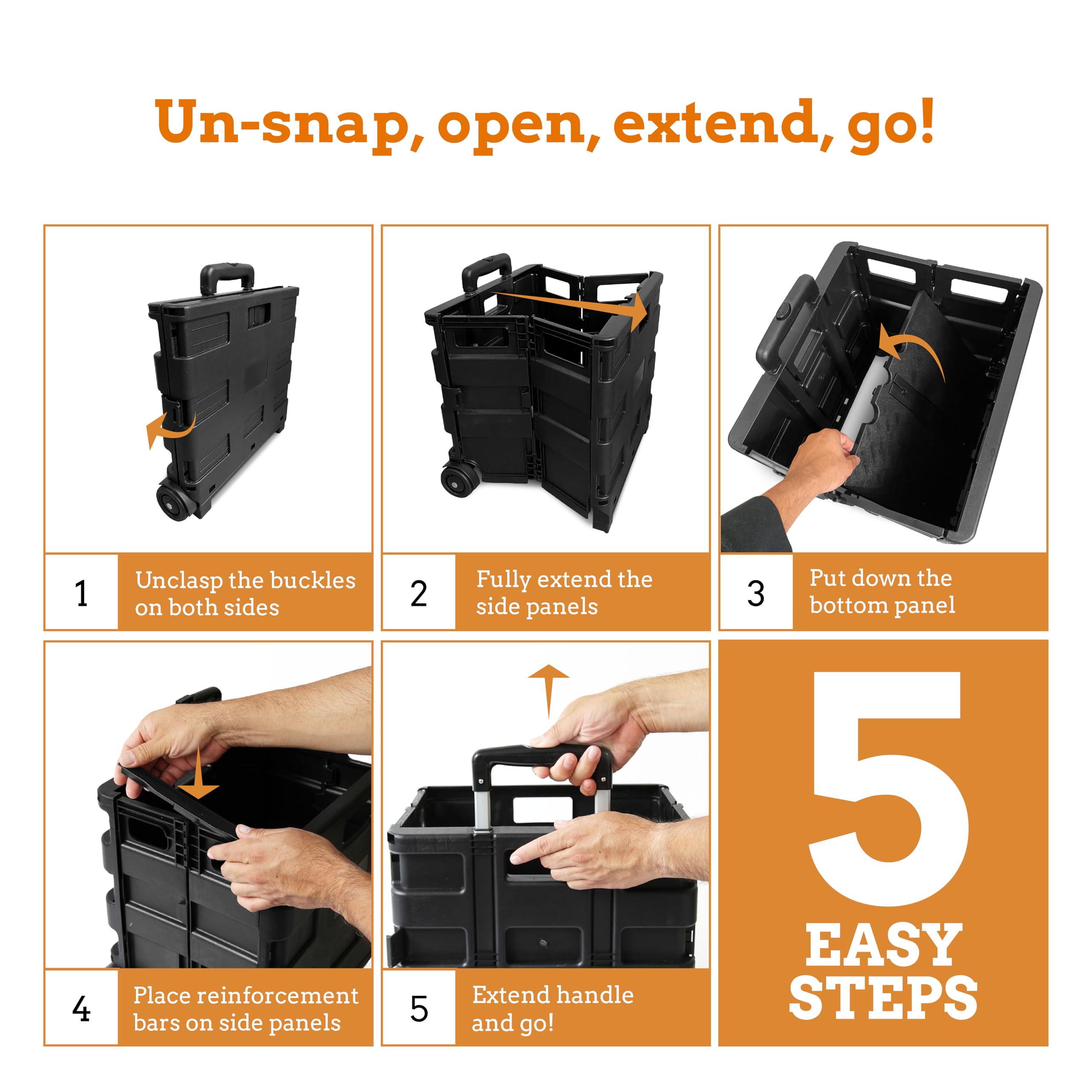 Inspired Living Collapsible Ultra-Slim Pack-N-Roll, 2 Wheel Utility Cart , With Telescopic Handle - Super Strong Up To 80 Lbs Load Capacity, Black