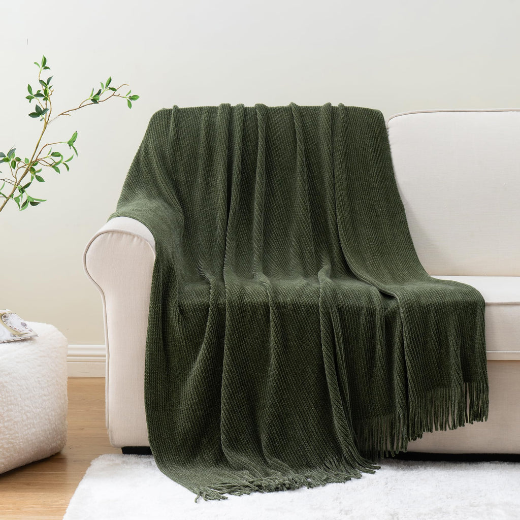 Battilo Home Olive Green Throw Blanket For Couch, Soft Chenille Knit Throws With Tassels For Home Decor, Green Throws For Couch