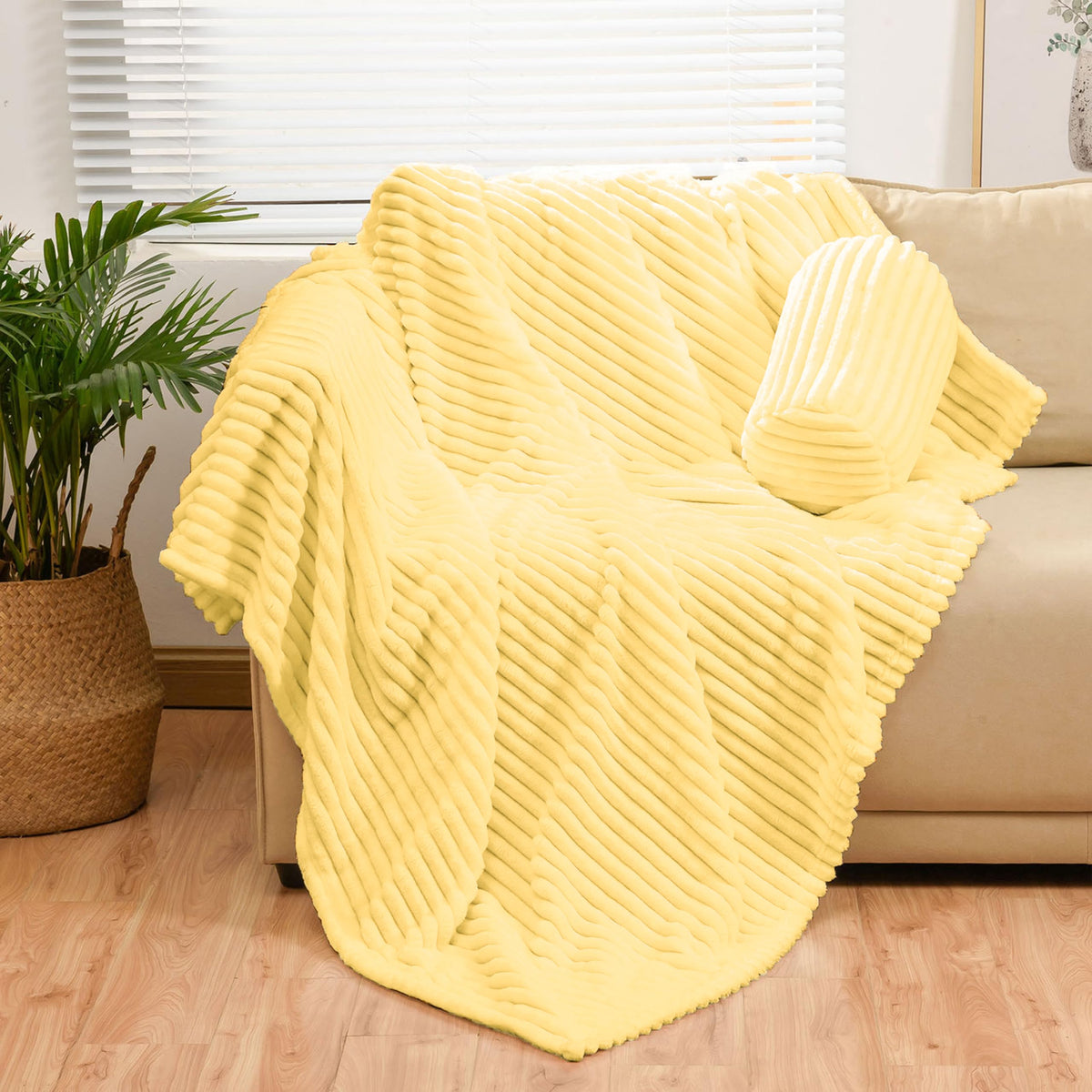 Bnuitland Light Yellow Flannel Throw Blanket Twin Size (60X80 Inches) With Storage Pouch,300Gsm Super Soft Fleece Stripe Pattern
