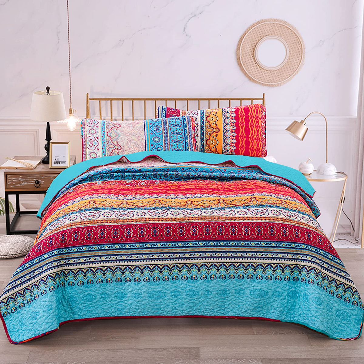 Wongs Bedding Bohemian Quilt Set California King, Boho Striped Pattern Quilts Bedspread Set For All Season, Soft Microfiber Bedd