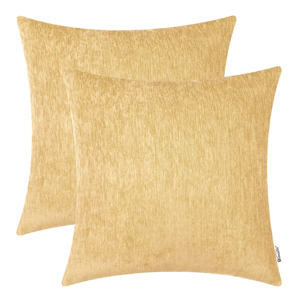 BRAWARM Chenille Throw Pillow Covers 22x22 Inches - Gold Chenille Pillow Covers Pack of 2, Solid Dyed Soft Chenille Pillow Cases
