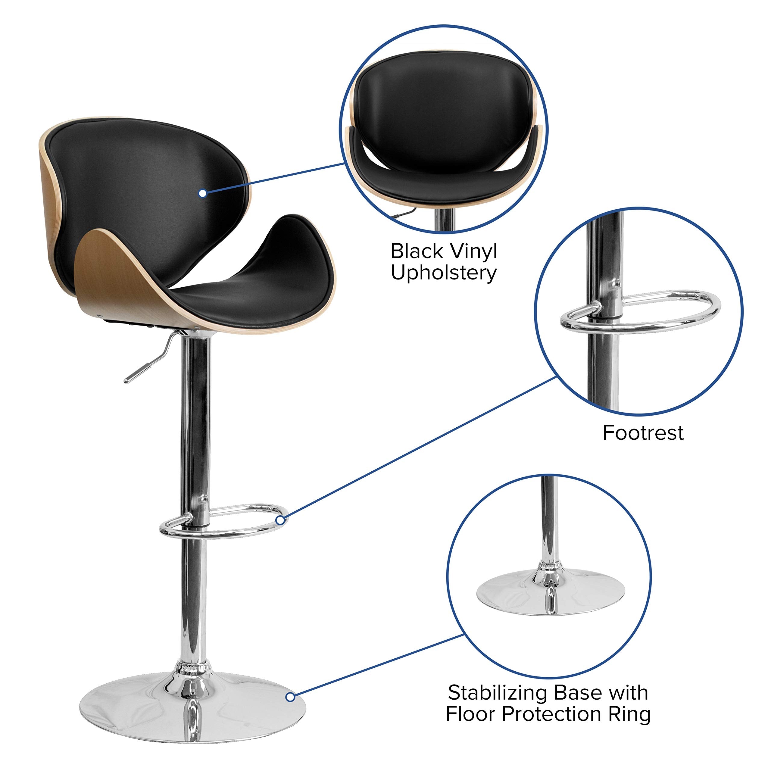 Flash Furniture Farley Beech Bentwood Adjustable Height Barstool with Curved Back and Black Vinyl Seat