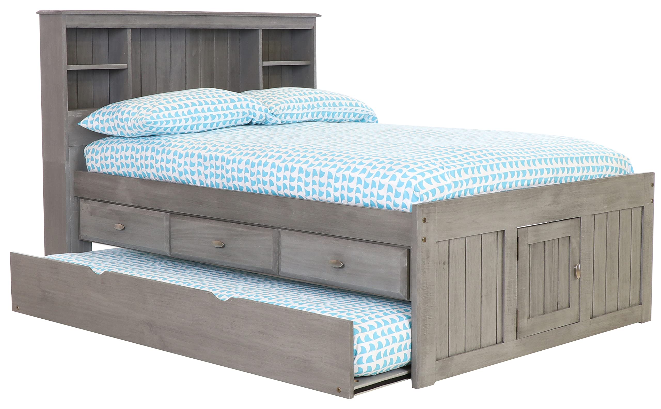 OS Home and Office Furniture Solid Pine Full Captains Bookcase Bed with 3 Drawers and a Twin Sized Trundle in Charcoal Gray