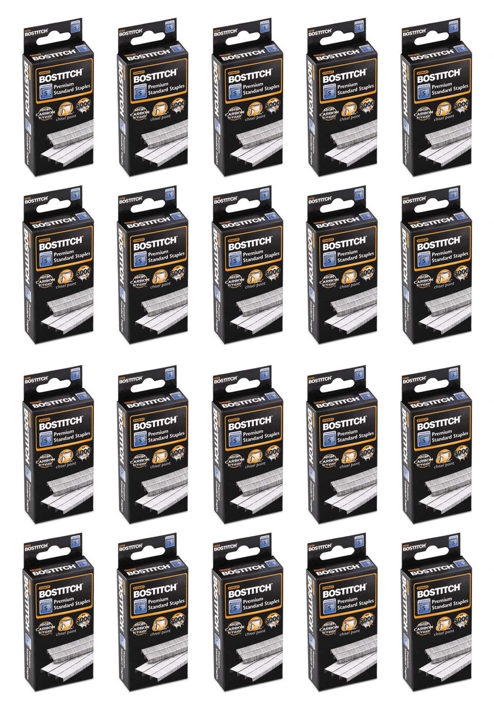 Bostitch Premium Standard Staples, Full-Strip, 0.25 Inch Leg, 5,000 Per Box, 20 Boxes