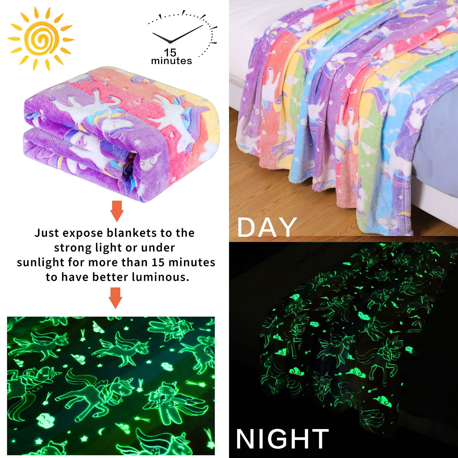Glow In The Dark Blanket Unicorns Gifts For Girls Birthday Gift Halloween Super Cute Soft Cozy Rainbow Unicorn Star Flannel Lumi