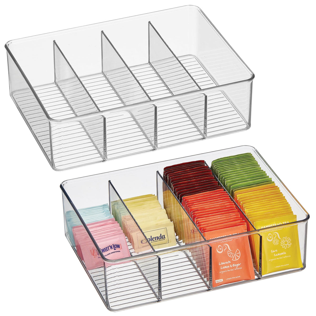 iDesign 4Section Storage Bin for Tea Bags or Sweeteners in Pantry or Cabinet, Set of 2, Clear