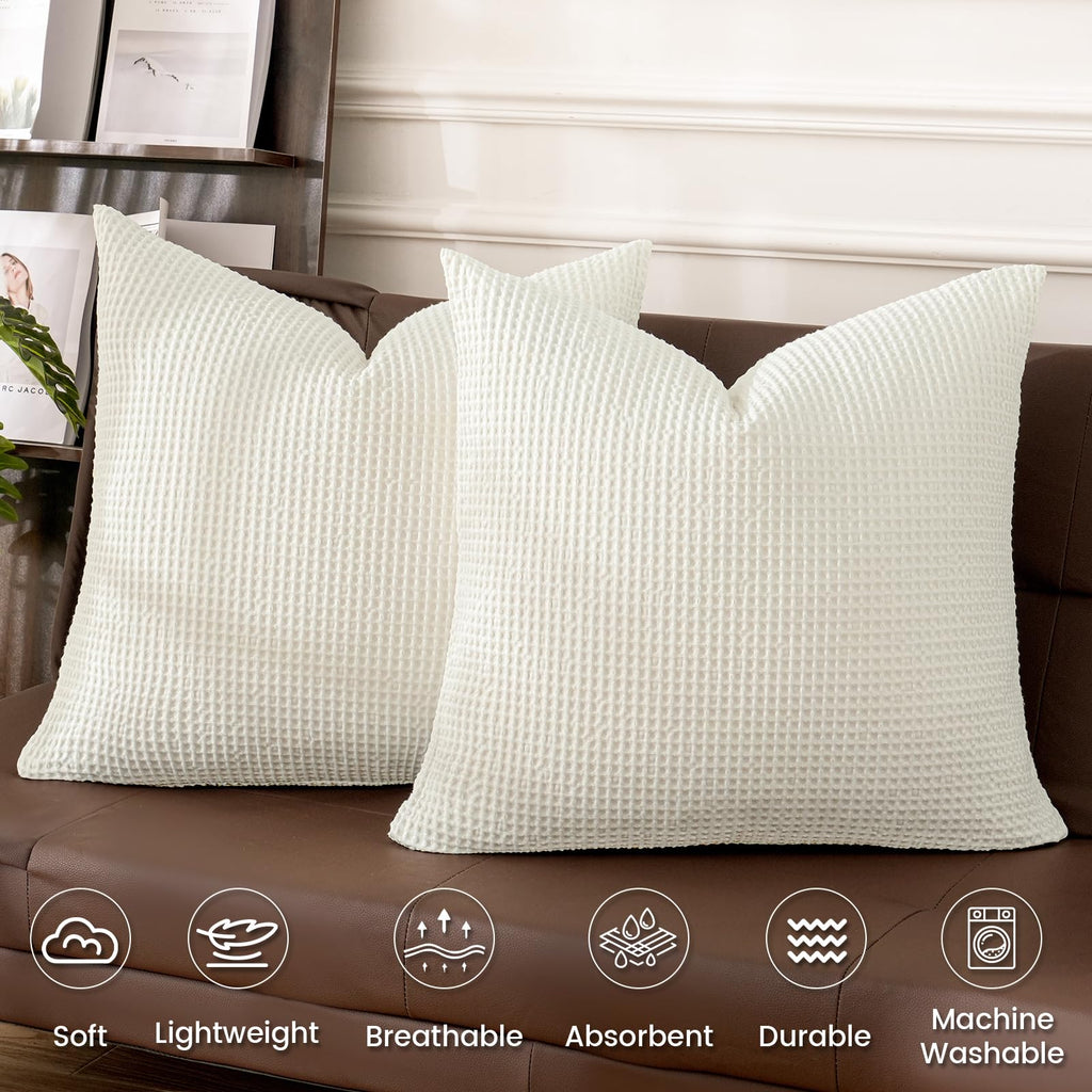 Phf 100% Cotton Waffle Throw Pillow Covers 24'X24', No Filling, 2 Pack Elegant Home Decorative Square Throw Pillow Covers For Bed Couch Sofa,Cream