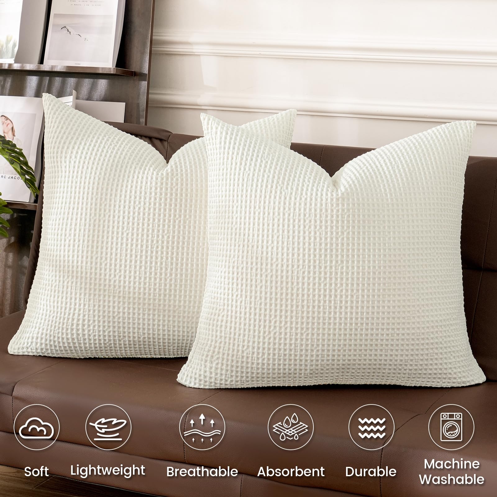 Phf 100% Cotton Waffle Throw Pillow Covers 24'X24', No Filling, 2 Pack Elegant Home Decorative Square Throw Pillow Covers For Bed Couch Sofa,Cream