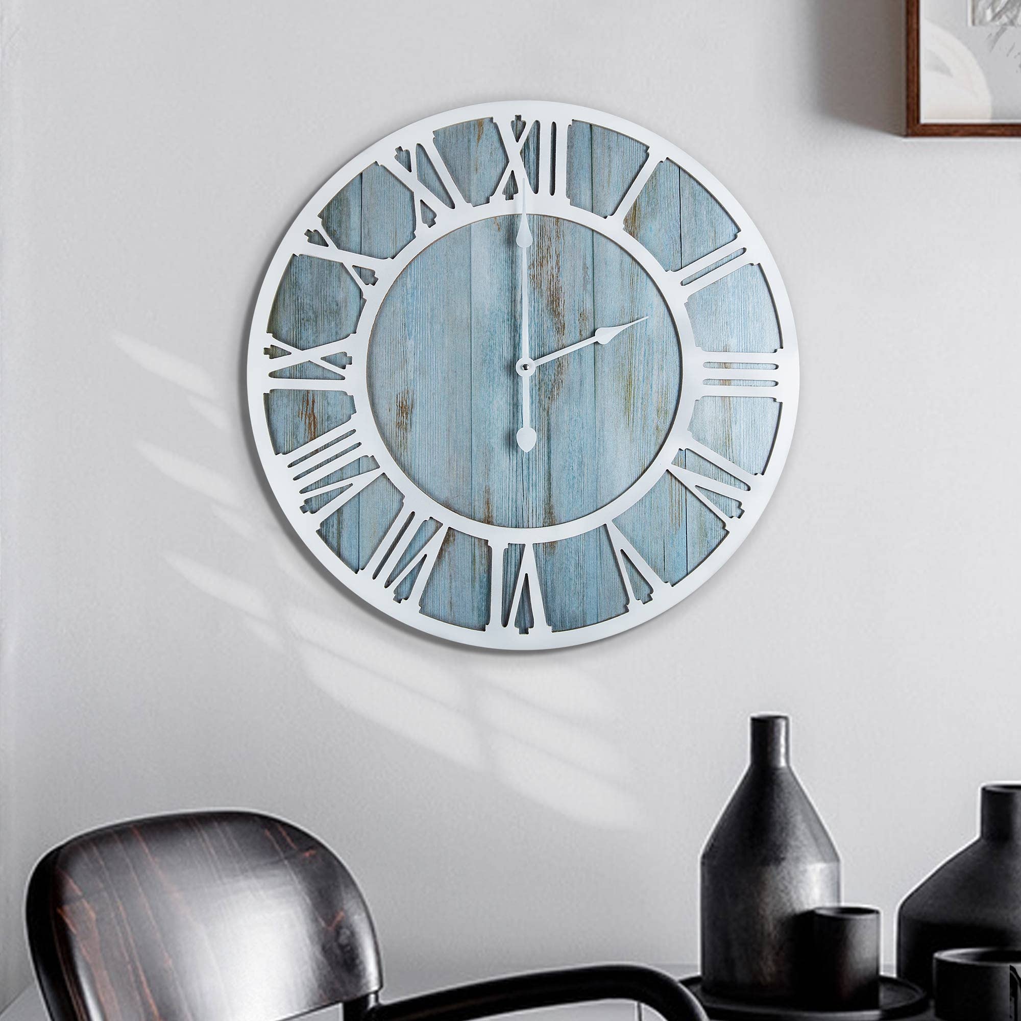 1St Owned Wall Clock For Home Decor - 16 Inch Blue Wood Wall Clocks Battery Operated Silent Non Ticking Simple Minimalist Roman
