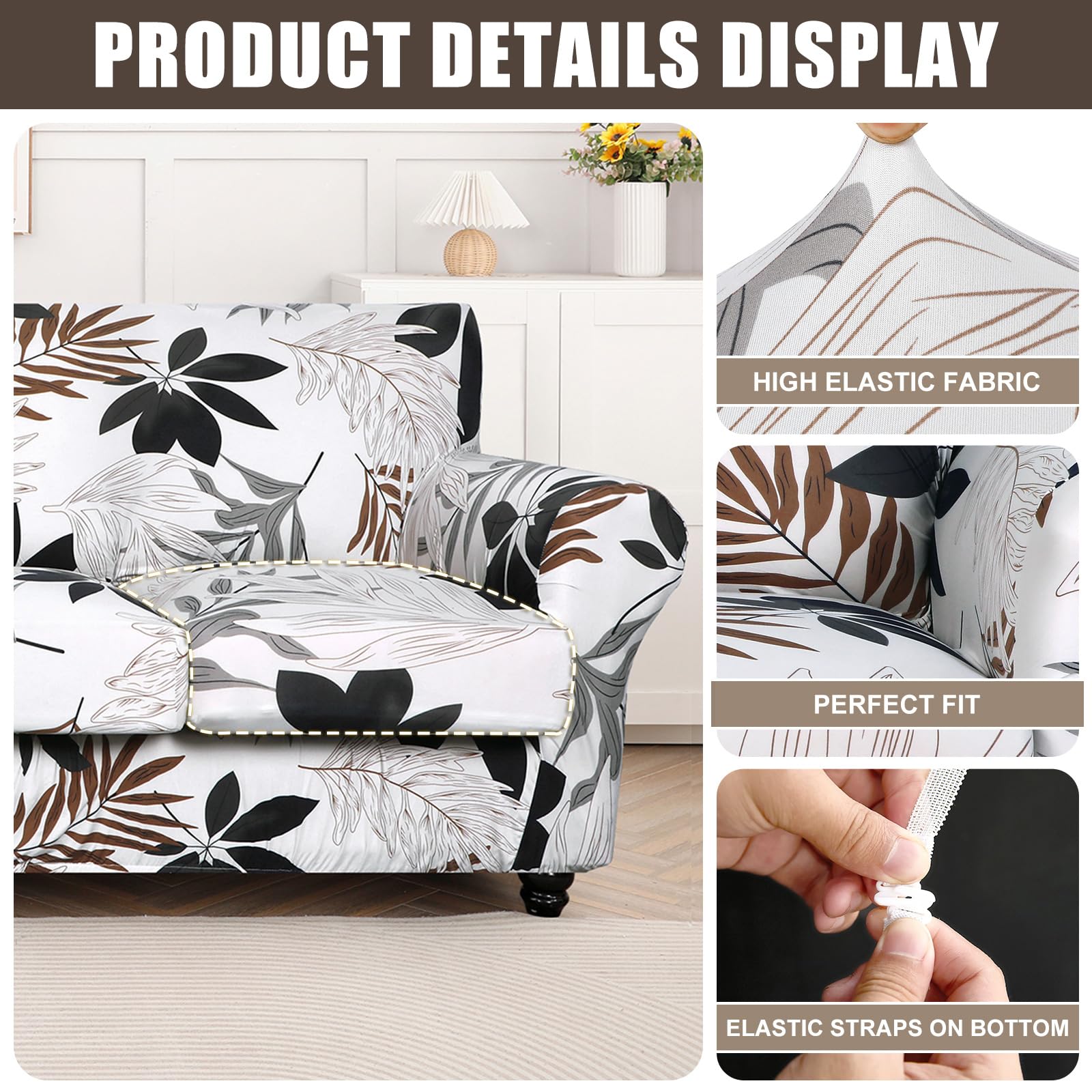 Searchi Stretch Sofa Cover Printed Couch Cover, Floral Pattern 4 Pieces Sofa Slipcover With 3 Separate Cushion Cover, Washable Furniture Protector For Living Room(Sofa, Maple Leaf Pattern)