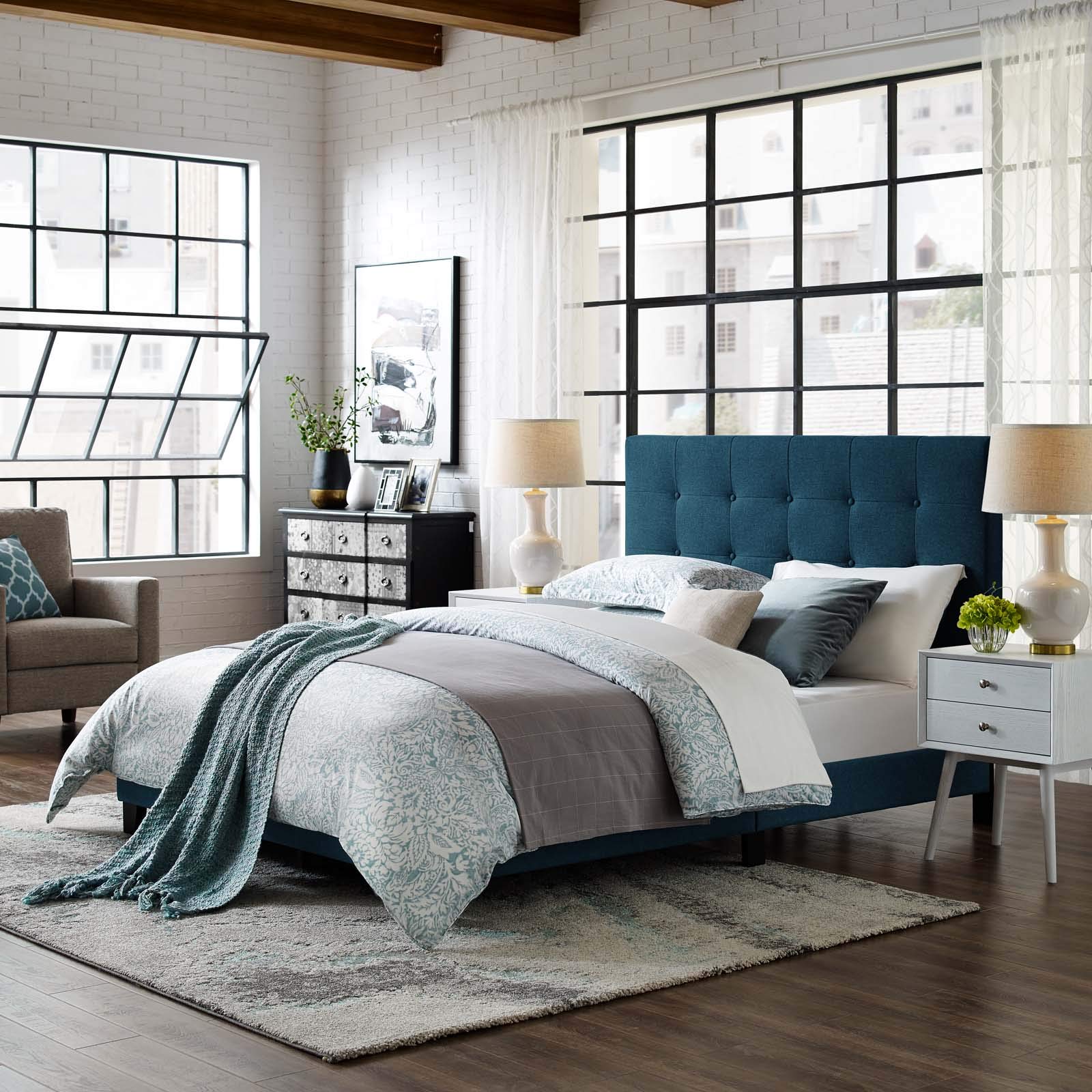 Modway Melanie Tufted Fabric Upholstered Queen Platform Bed In Azure
