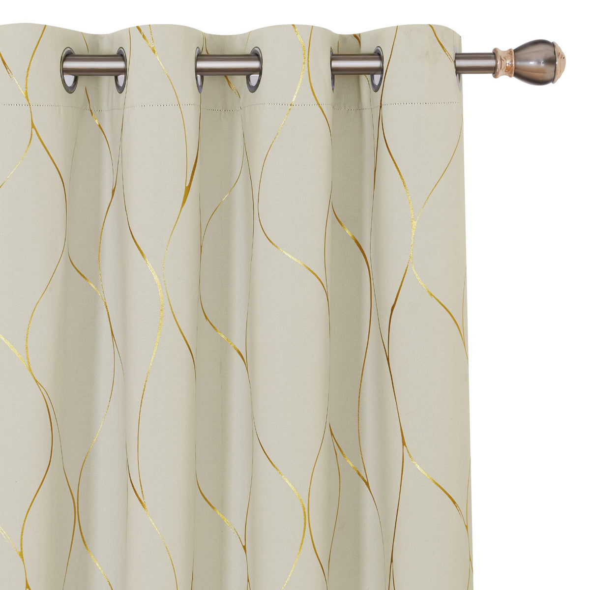 Deconovo Light Beige Blackout Curtains, 52W X 84L Inch, Grommet Light Blocking Room Darkening Curtain - Gold Wave Foil Print Noi