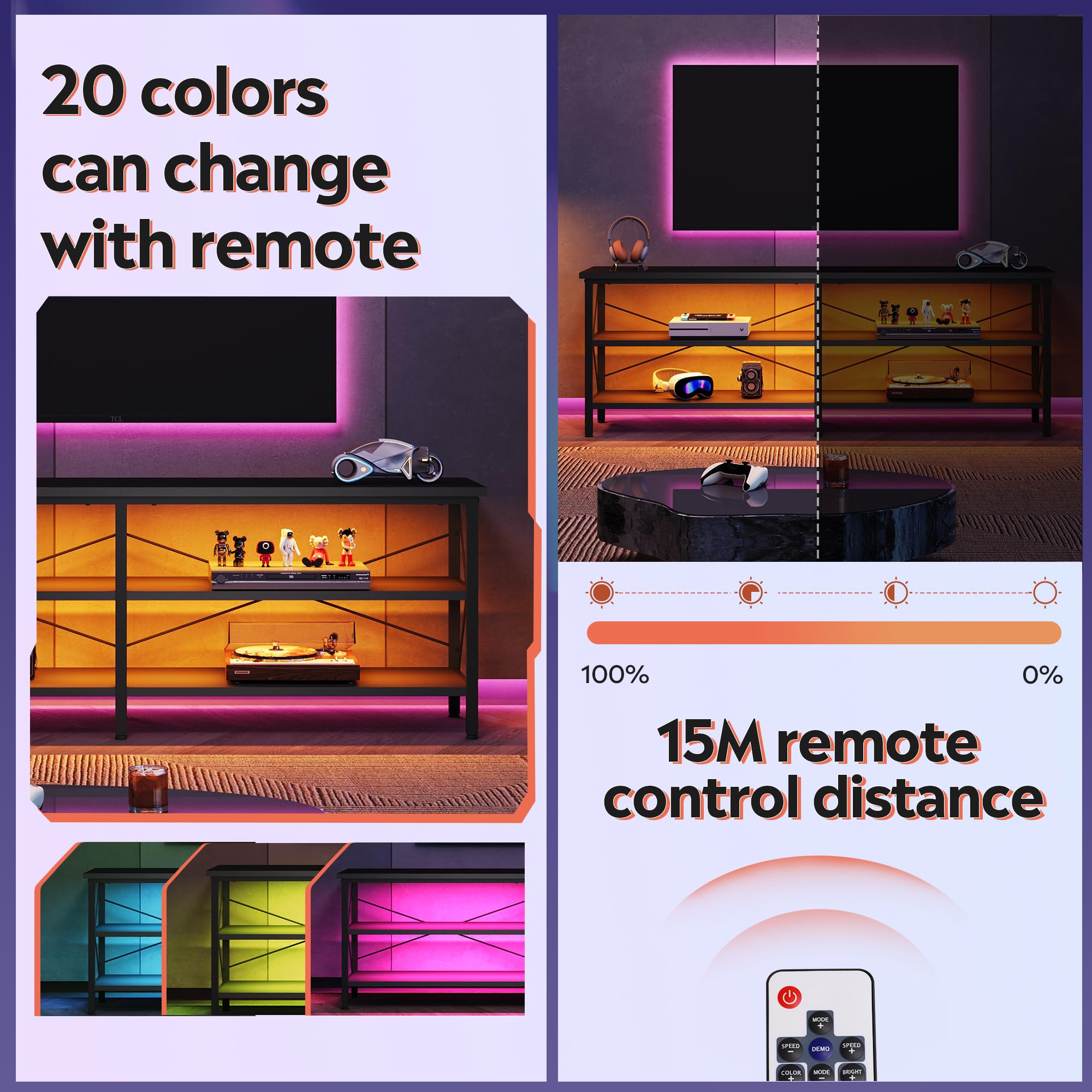 Wlive Tv Stand Up To 70 Inch Tv, 63' Entertainment Center With Led, Tv Media Console With 3-Tier Storage Shelves For Living Room And Bedroom, Black