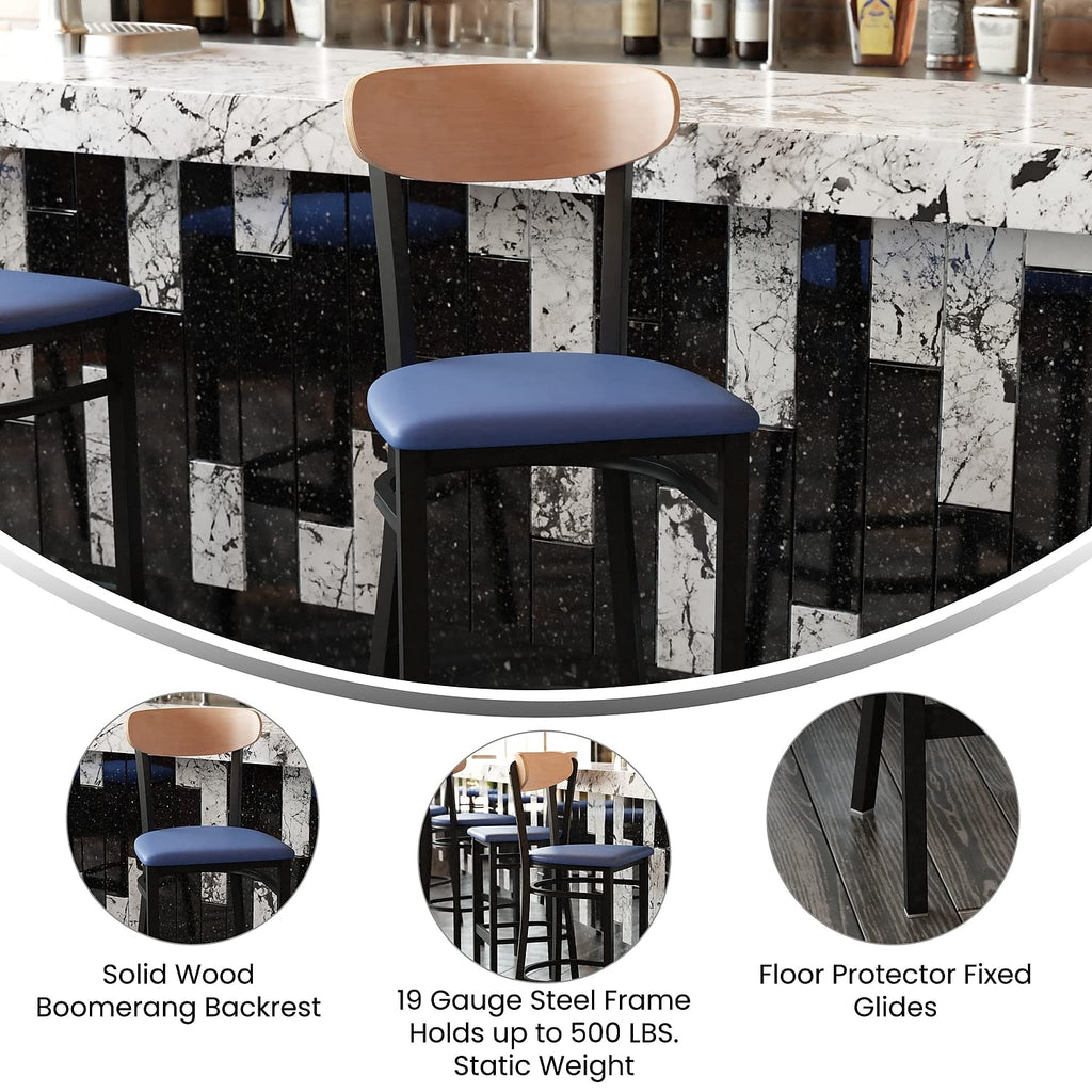 Flash Furniture Wright Commercial Barstool - Natural Birch Finish Wood Boomerang Back - Blue Vinyl Seat - 500 Lb. Capacity Black Steel Frame - Integrated Footrest