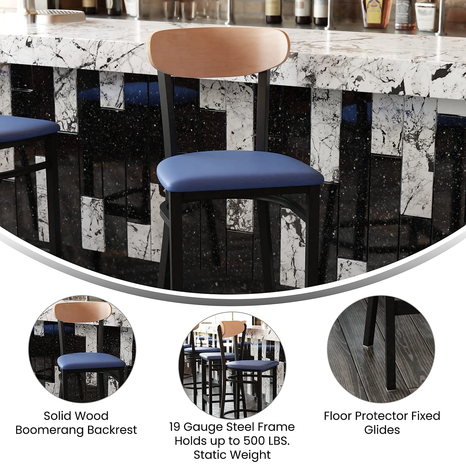 Flash Furniture Wright Commercial Barstool - Natural Birch Finish Wood Boomerang Back - Blue Vinyl Seat - 500 Lb. Capacity Black Steel Frame - Integrated Footrest