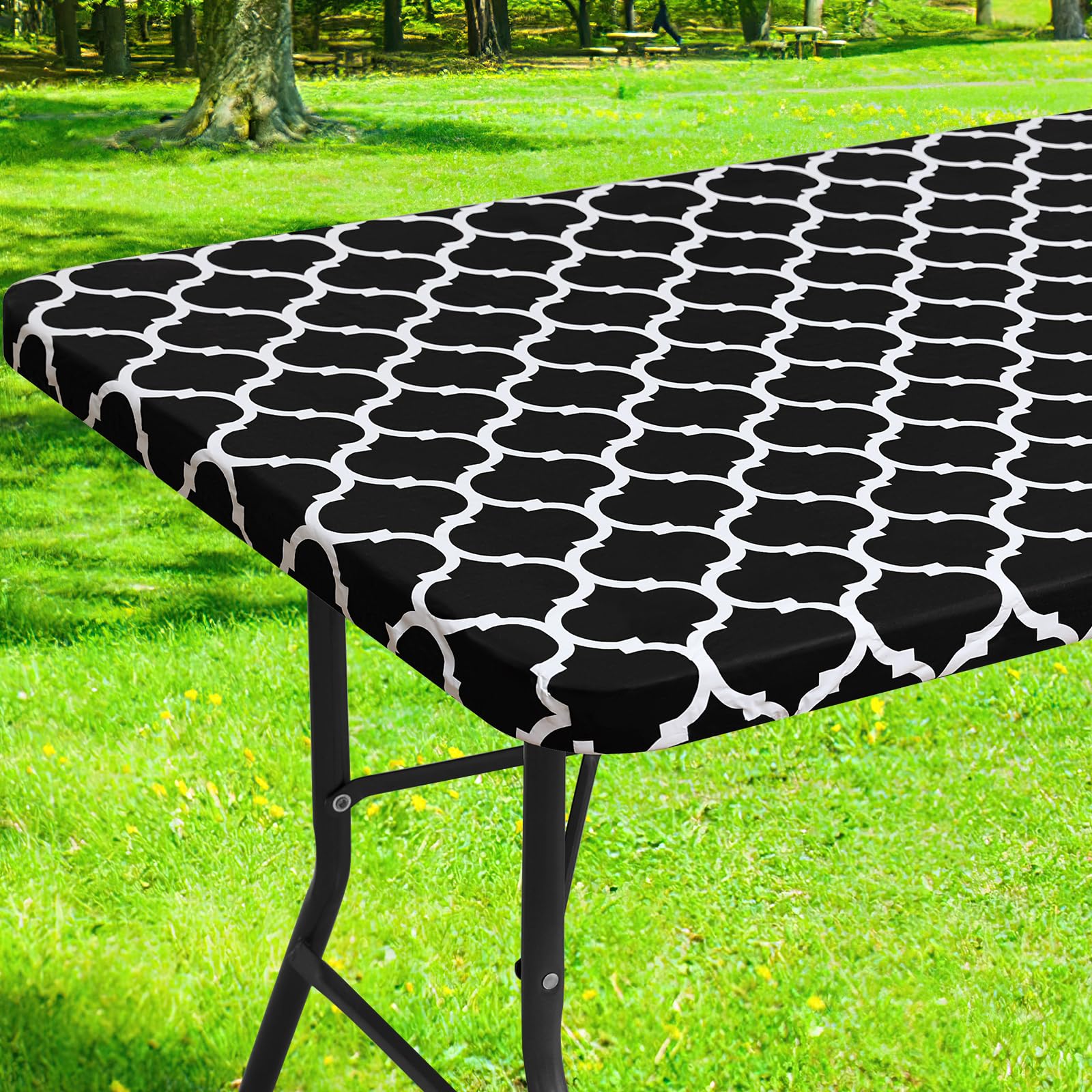 Smiry Rectangle Picnic Table Cover, Waterproof Elastic Fitted Camping Tablecloths for 8 Foot Tables, Wipeable Flannel Backed Vin