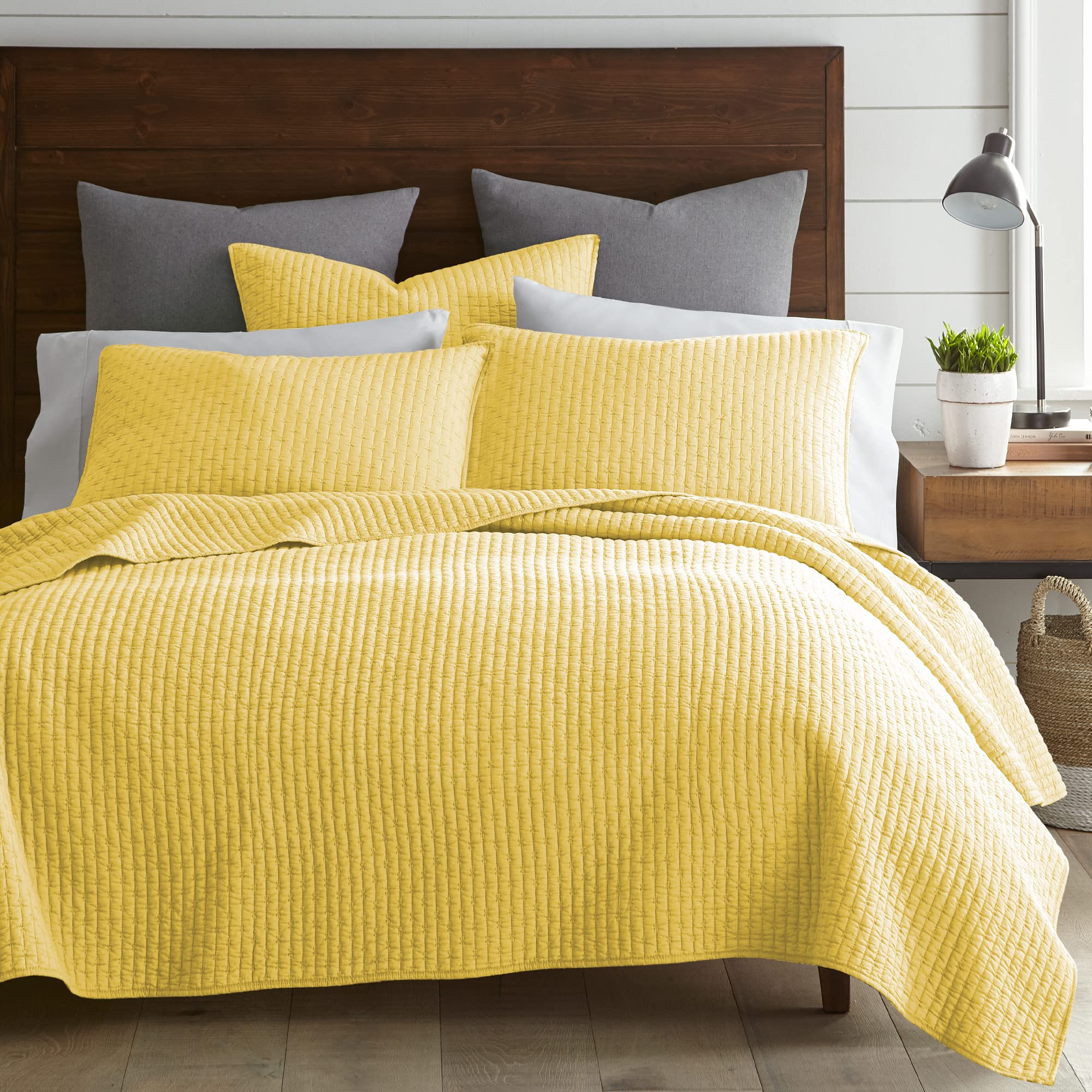 Levtex Home - Cross Stitch Yellow Quilt Set - 100% Cotton - Full/Queen Quilt (88X92In.) + 2 Standard Shams (26X20In.) - Reversib