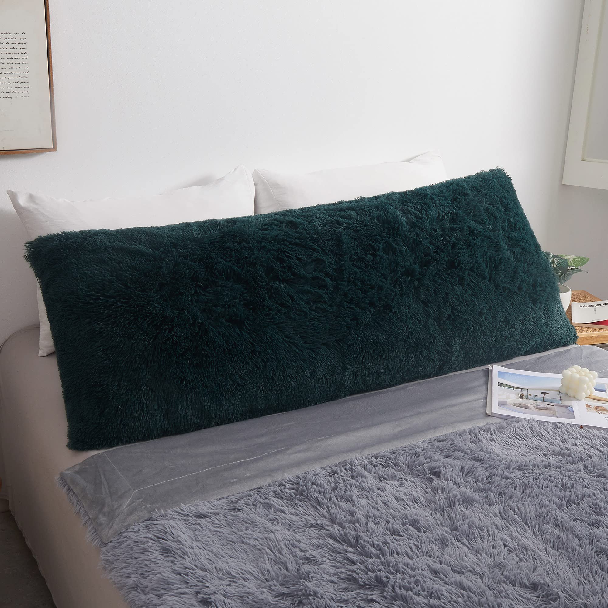 MEGO Fluffy Body Pillow Cover, 20x54 Shaggy Faux Fur Body Pillow Case,Deep Green Plush Fuzzy Body Pillowcase, Furry Long Throw B
