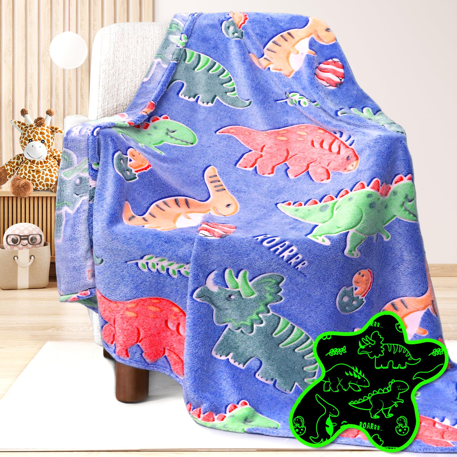 UOFON Dinosaur Blanket for Boys Glow in The Dark Blanket Dino Throw Birthday Gifts for Kids Toddlers Soft Warm Cozy Cute Dinosau