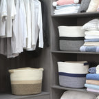 Hinwo Oval Cotton Rope Storage Basket Collapsible Nursery Storage Box Container Organizer With Handles, 16 X 13 Inches, Off White And Dark Blue