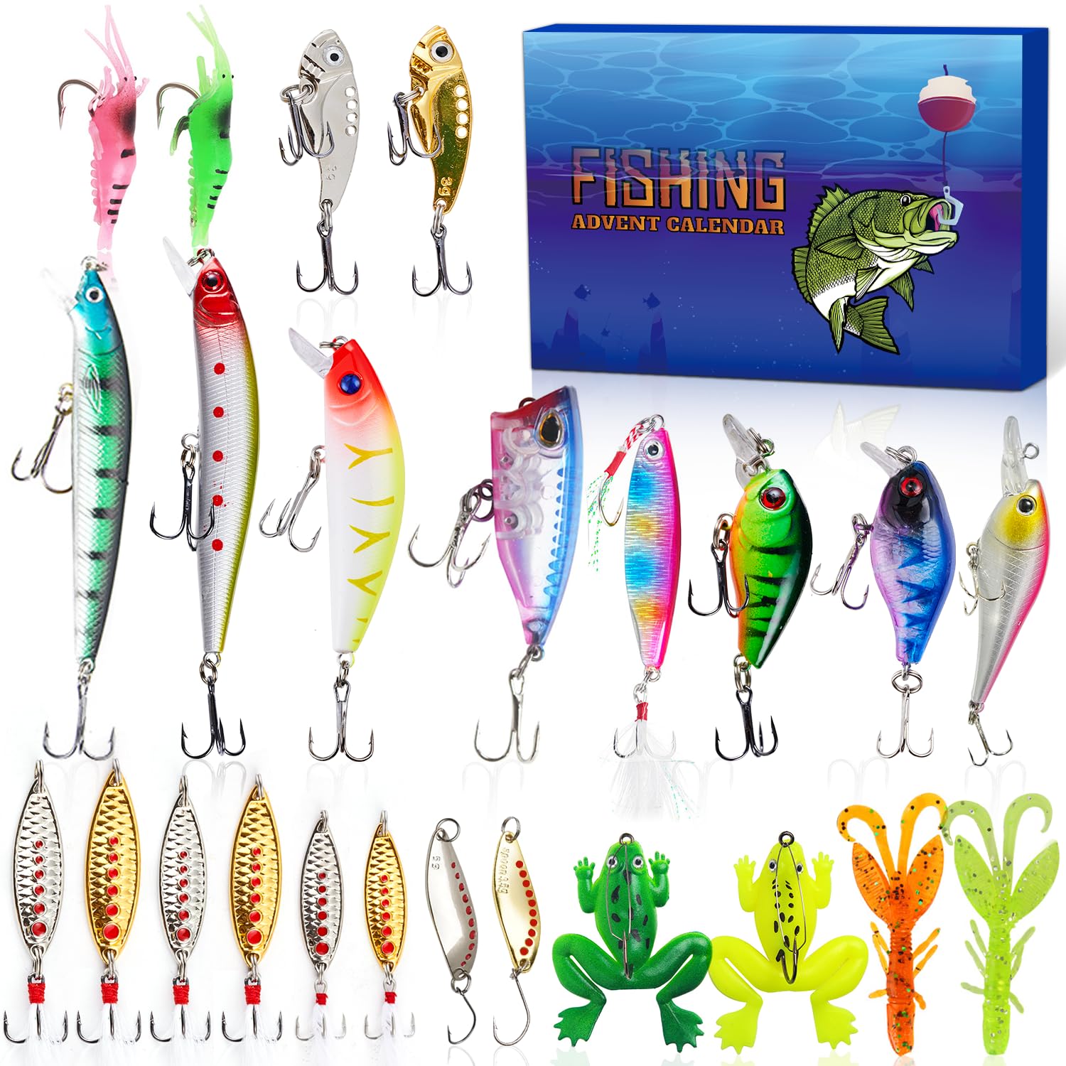 Fishing Lure Advent Calendar 2024 Adult Teen, 24 Days Xmas Countdown Gift for Anglers with Topwater Lures, Minnow, Crankbait, VI