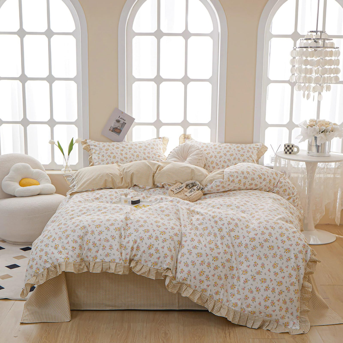 Motntd Floral King Size Duvet Cover Ruffle Coquette King Comforter Cover Cute Boho Lightweight Gingham Duvet Cover Set With 2 Pi
