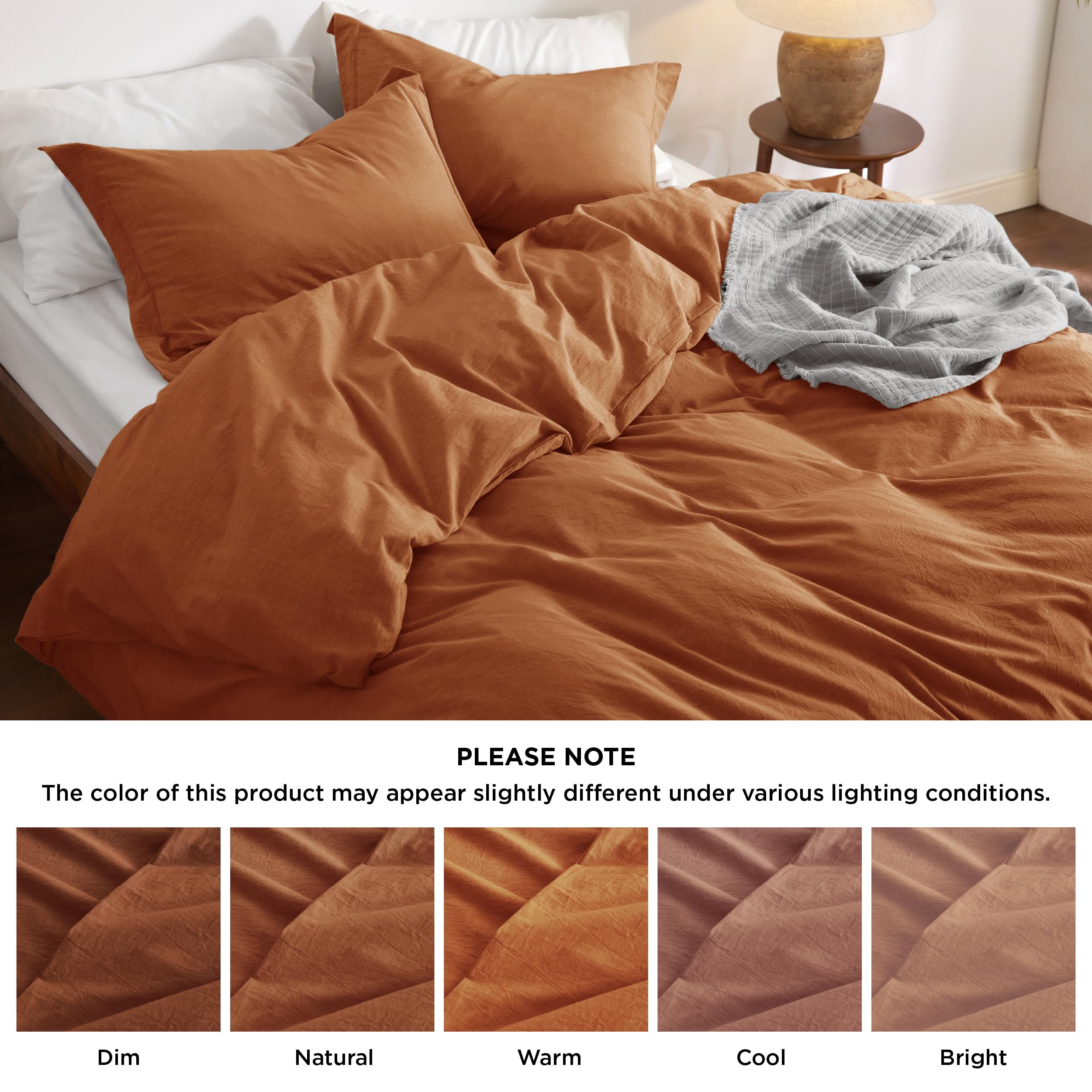 Bedsure 100% Washed Cotton Duvet Cover Queen - Pumpkin Orange Minimalist Duvet Cover Set Linen Like - 3 Pieces Gentlesoft™ Plain Simple Bedding Set With 2 Pillow Shams (Pumpkin Orange, Queen, 90'X90')