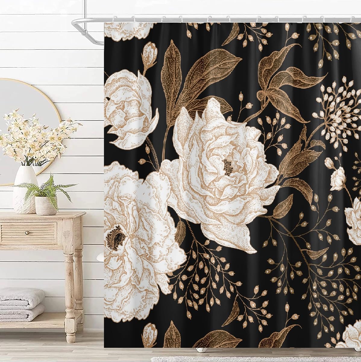 Bivinar Black Gold Floral Shower Curtain, Black Flowers Bathroom Shower Curtain, Fabric Waterproof Shower Curtain With 12 Hooks,