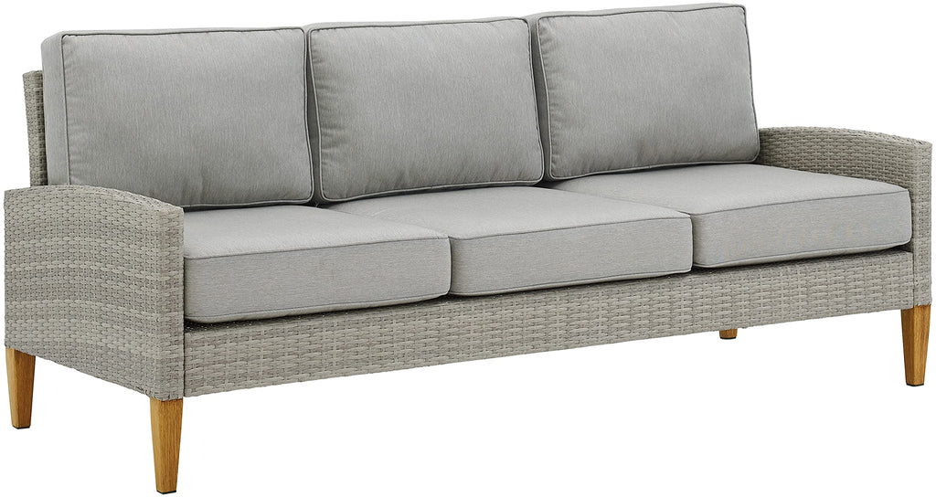 Crosley Furniture Capella Wicker Outdoor Sofa, 3-Person Patio Couch for Porch, Deck, Backyard, Acorn with Gray Cushions
