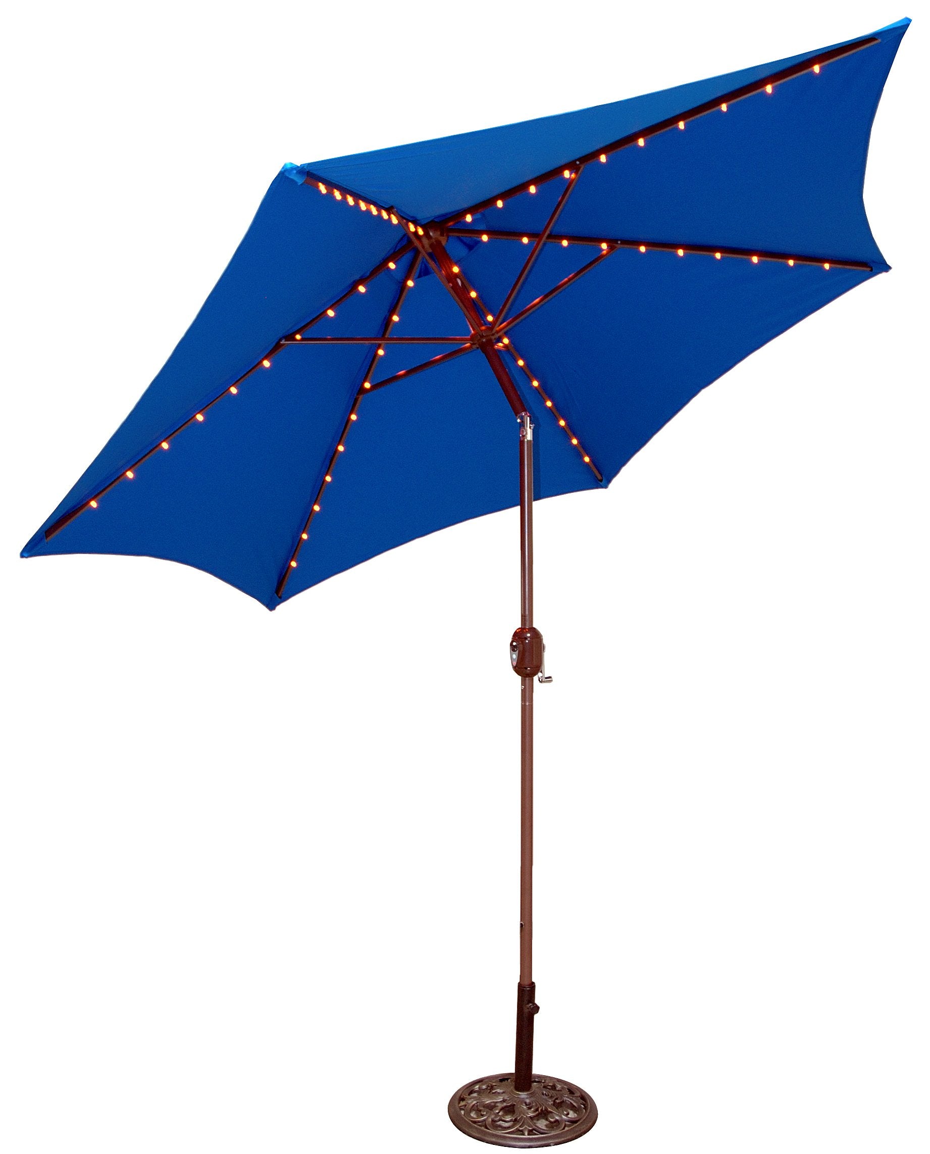 Tropishade Tropilight Led Lighted 9 Ft Bronze Aluminum Market Umbrella With Royal Blue Polyester Cover