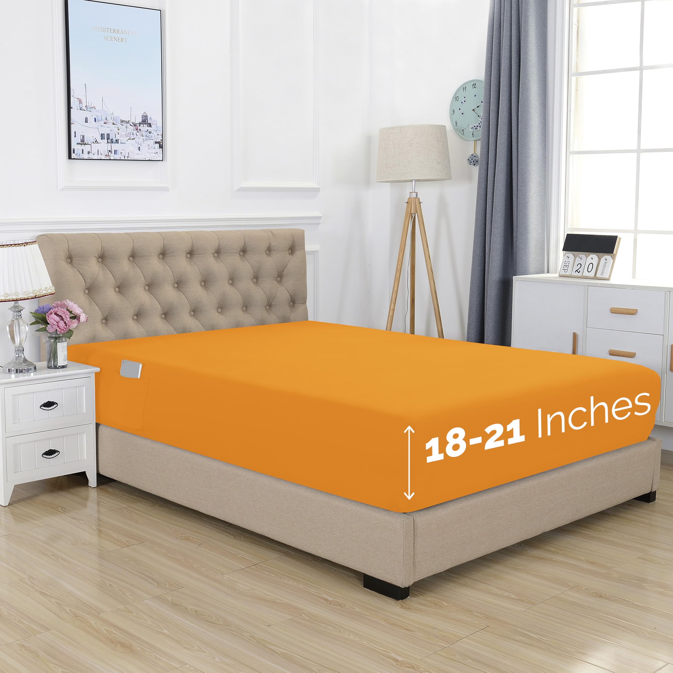 Elegant Comfort 1500 Premium Hotel Quality 18-21 Inches Deep - Extra Deep Pocket Single Fitted Sheet For High Mattress, Luxury And Softest, Smart Pocket - Wrinkle Free, Full, Orange