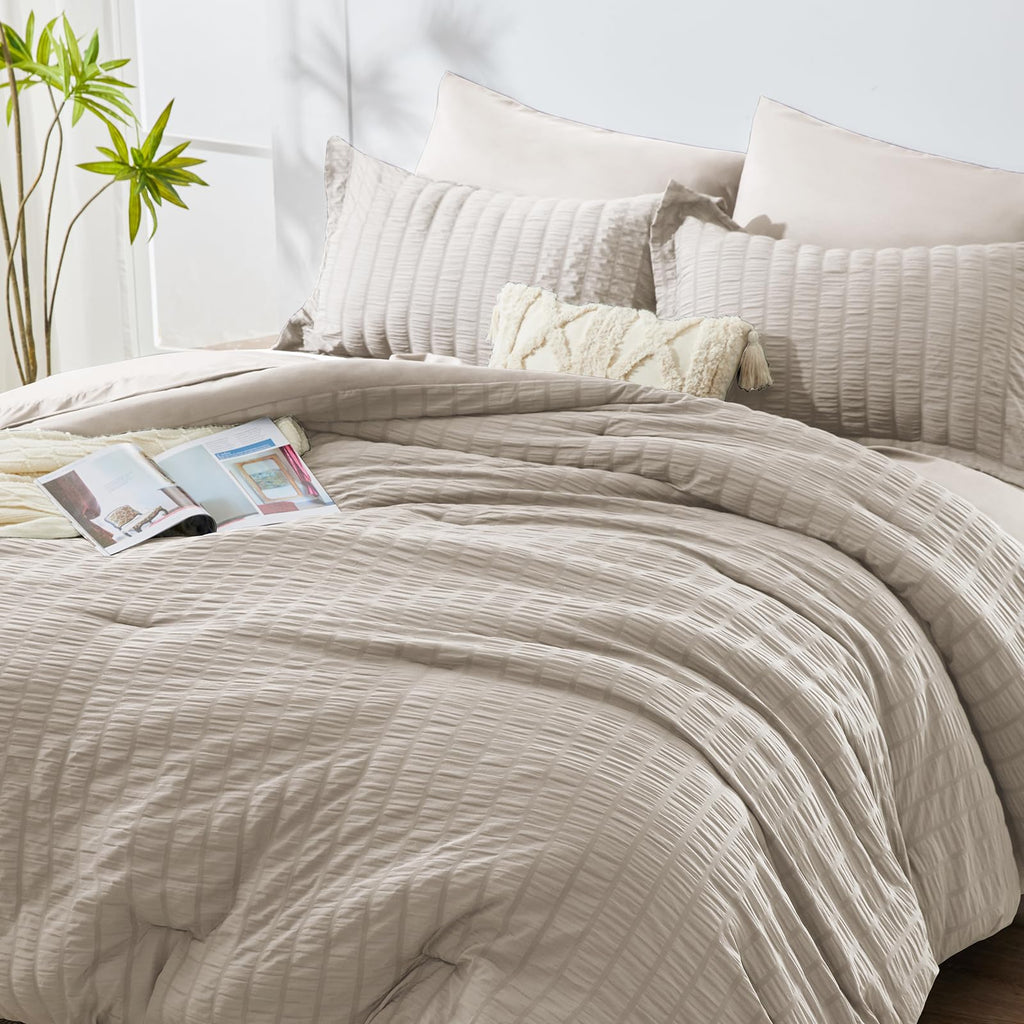 Cozylux Full Seersucker Comforter Set With Sheets Beige Bed In A Bag 7-Pieces All Season Bedding Sets With Comforter, Pillow Sham, Flat Sheet, Fitted Sheet, Pillowcase