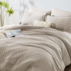 Cozylux Full Seersucker Comforter Set With Sheets Beige Bed In A Bag 7-Pieces All Season Bedding Sets With Comforter, Pillow Sham, Flat Sheet, Fitted Sheet, Pillowcase
