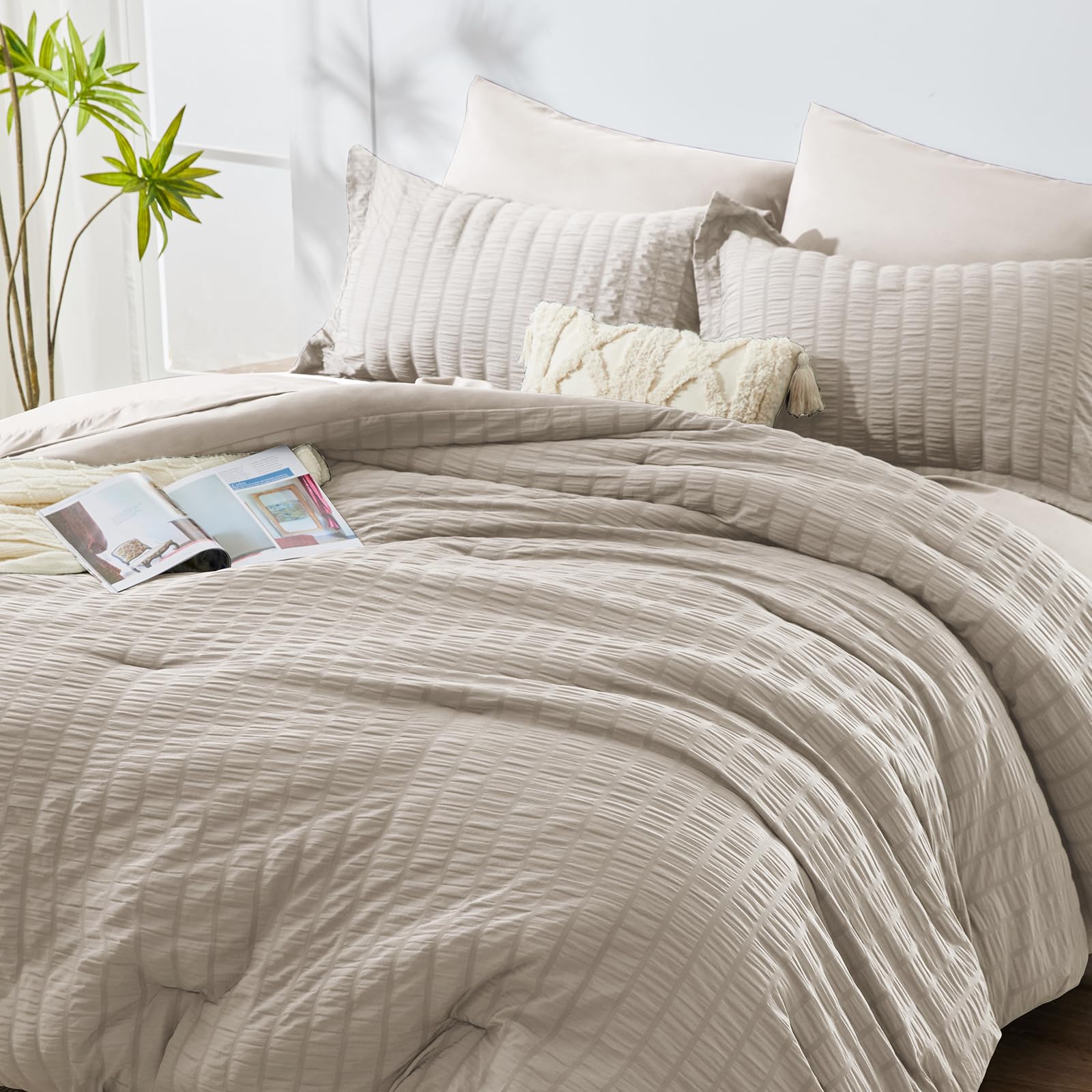 Cozylux King Seersucker Comforter Set With Sheets Beige Bed In A Bag 7-Pieces All Season Bedding Sets With Comforter, Pillow Sham, Flat Sheet, Fitted Sheet, Pillowcase