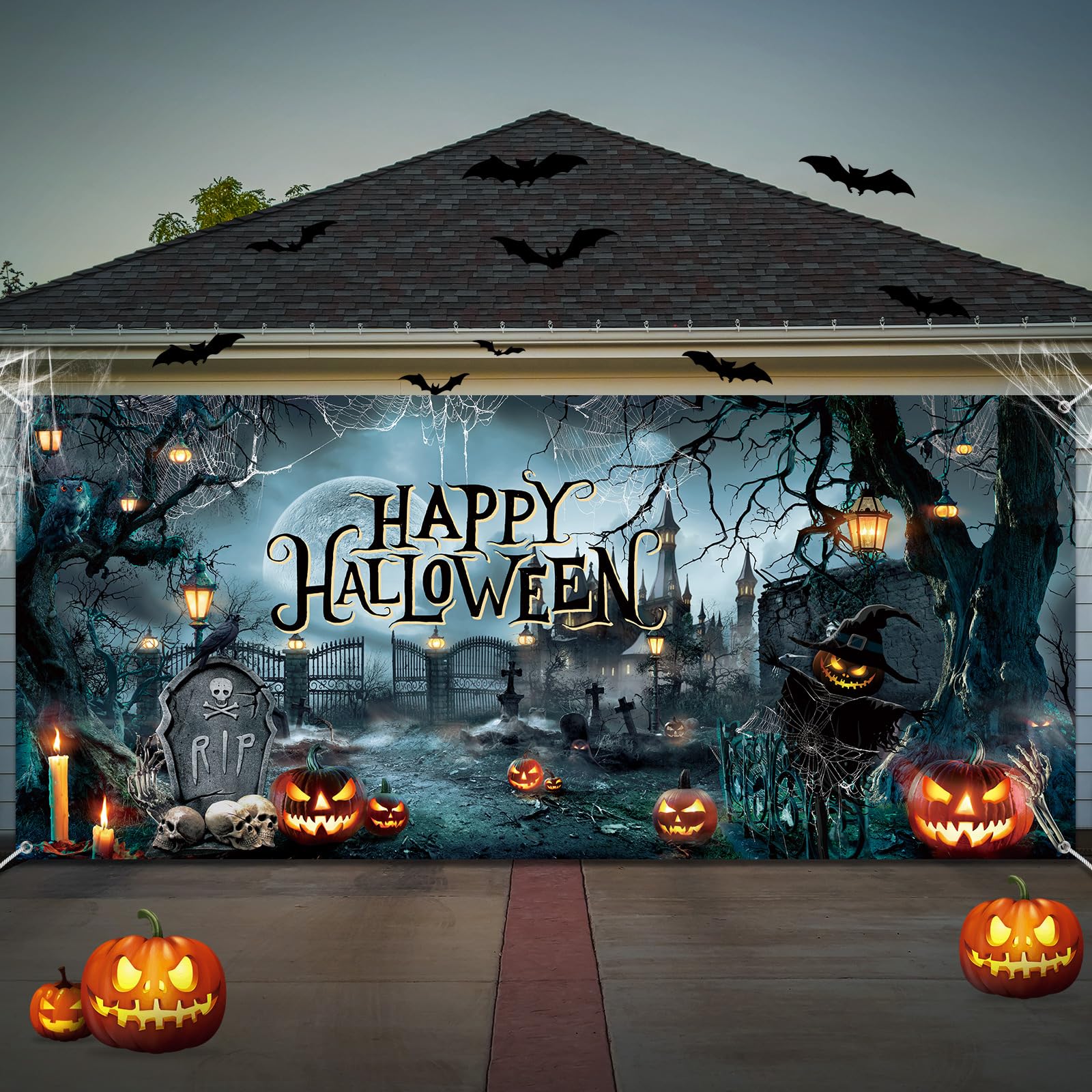 Wovweave Happy Halloween Garage Door Decorations 7 X 16 Ft Large Horror Halloween Garage Door Banner Scary Halloween Backdrop Ha